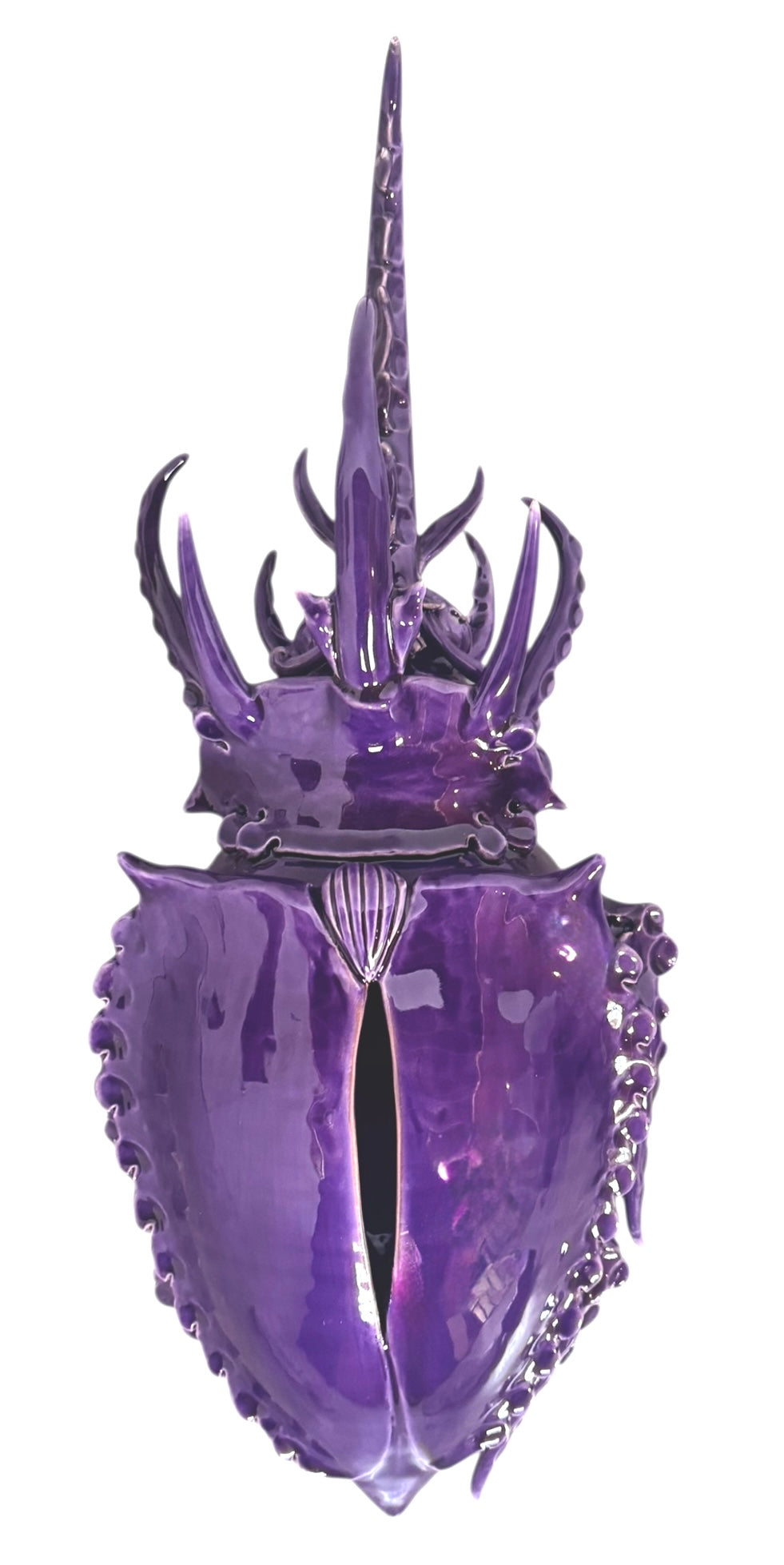 A glossy, deep purple ceramic sculpture of a beetle by Enza Fasano. The piece features a highly stylized and ornate design, blending insect-like anatomy with fantastical elements. It has a smooth, rounded shell and elongated, curved mandibles and appendages lined with sharp, thorn-like protrusions. The monochromatic glaze is reflective, highlighting the intricate sculptural details and textures of the avant-garde artwork.