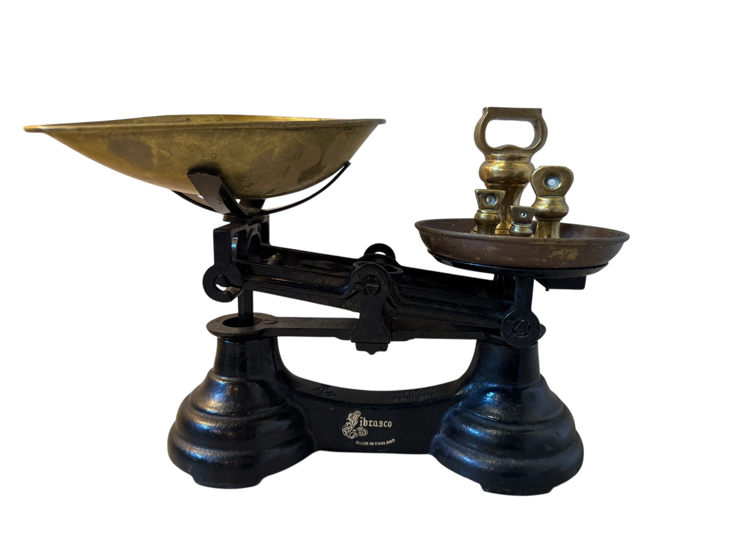 Painted Balance Scale with Brass Pans & Weights, Vintage, Antique, Librasco, Black Cast Iron, Brass, Birmingham Kitchen, Weighing Scales, Brass Weights, Kitchen Scale, Appliance