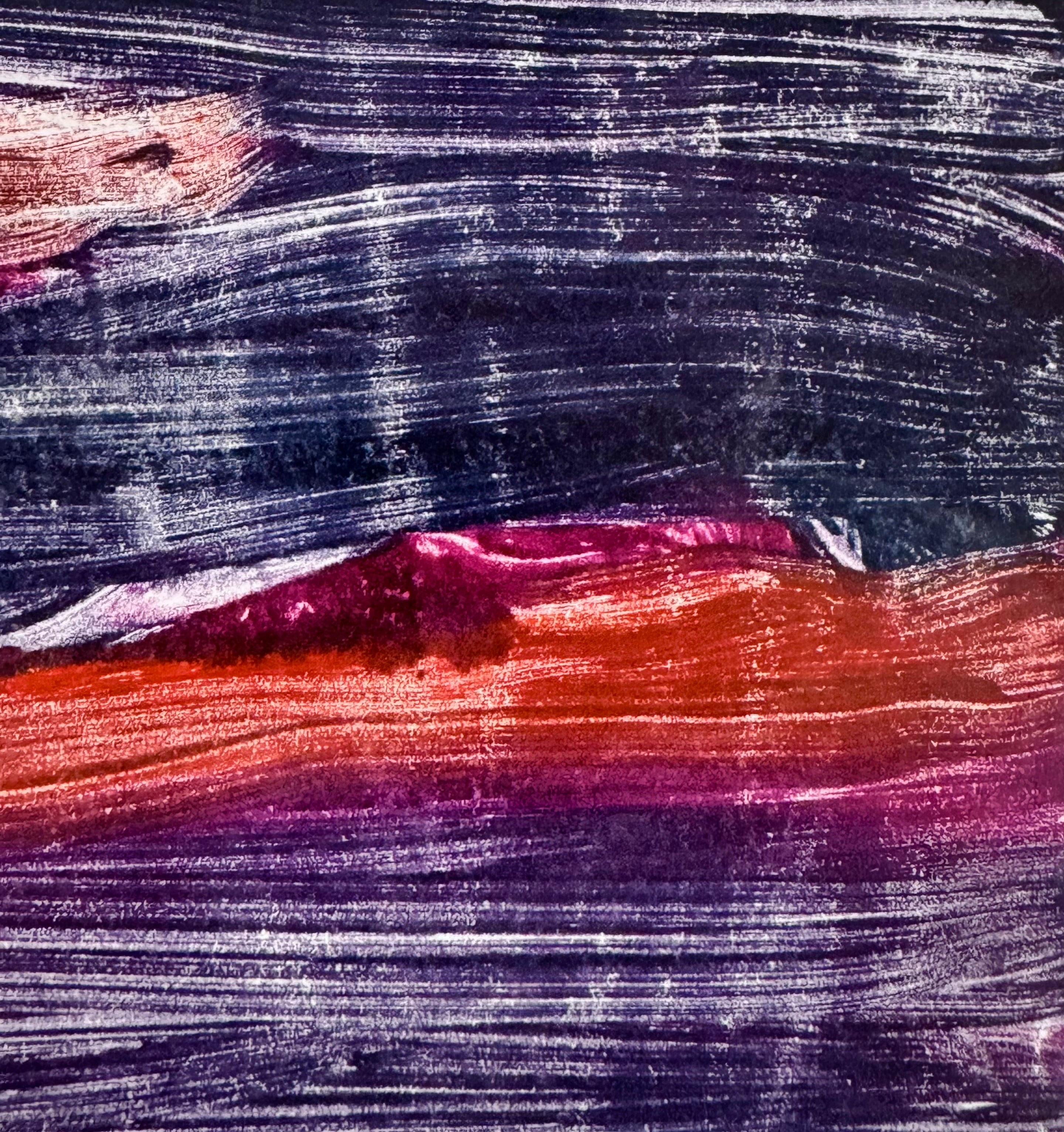 A horizontal, rectangular abstract print titled "Night Water" centered within a white mat and a thin gold frame. The artwork features dense, textured horizontal brushstrokes in deep shades of violet, indigo, and black. A prominent, gestural streak of vibrant red and a softer blush-pink band cut across the dark "water," suggesting a sunset reflection or light hitting a dark surface. The artist's signature, title, and the year 2004 are visible in pencil at the bottom.