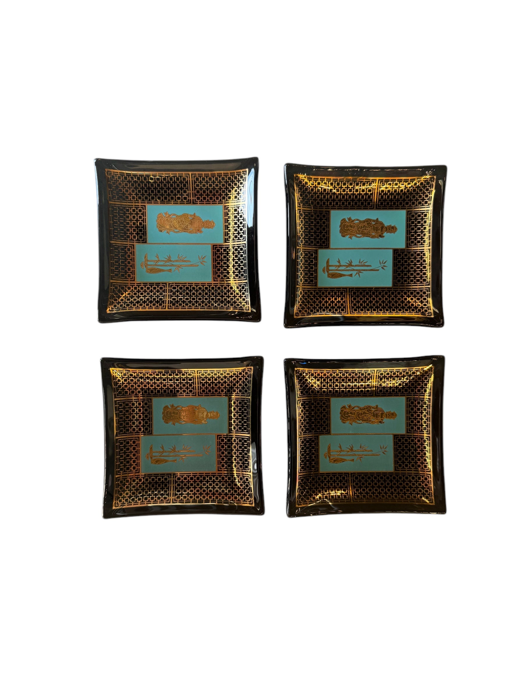 Mid Century Hostess Set, Black, Gold, Turquoise, James Mont Style, Smoked Glass, Etched 24kt Gold, coaster, trinket dish, hostess set, mid-century, geometric pattern