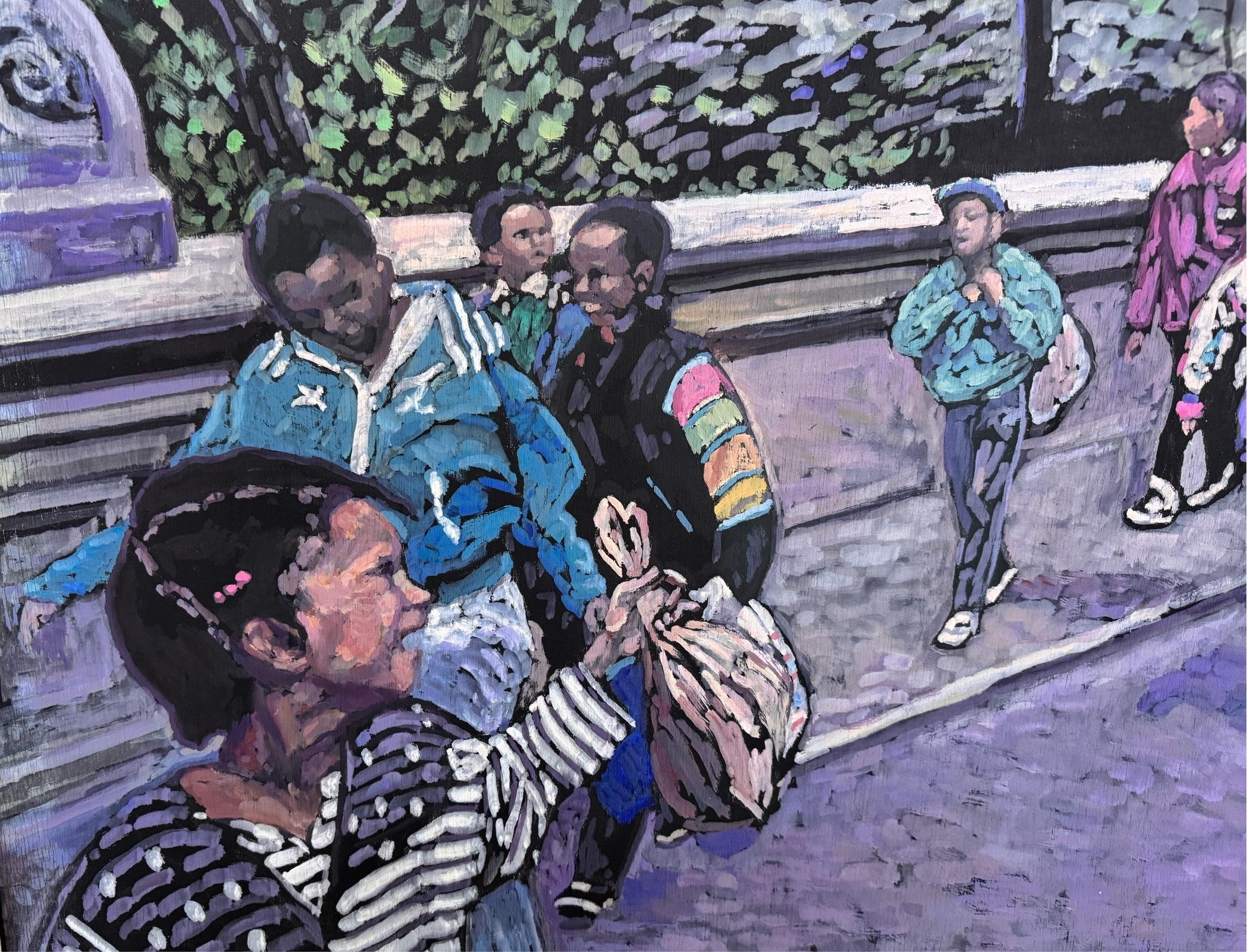Painting by Evelyn Borchard Metzger, 'School Class, Central Park (Looking Back),' depicting an urban scene with figures and a stroller, rendered in a colorful, impressionistic style.