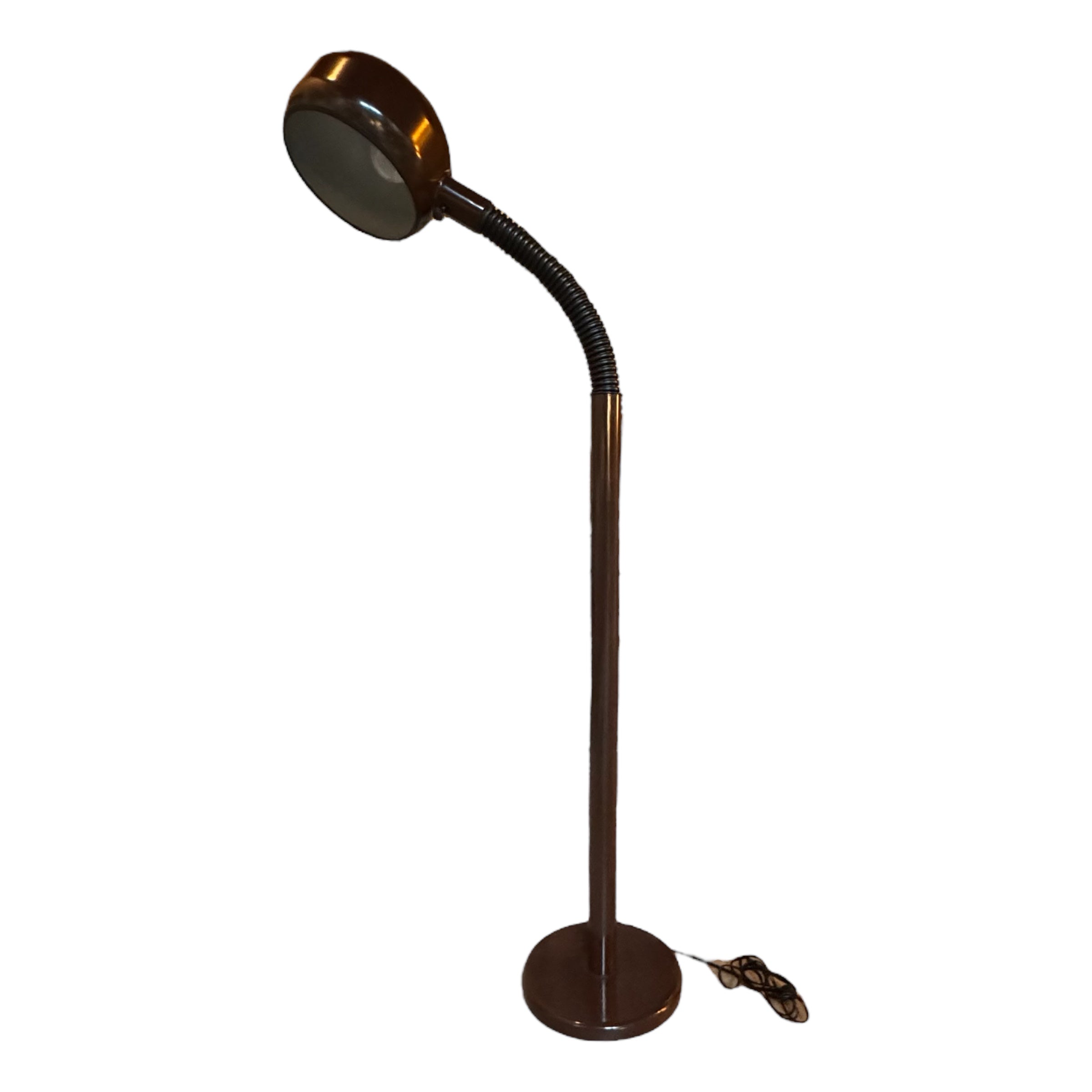 A vintage Fagerhults Cobra floor lamp with a chocolate brown color, featuring a flexible gooseneck arm and a round shade at the top.