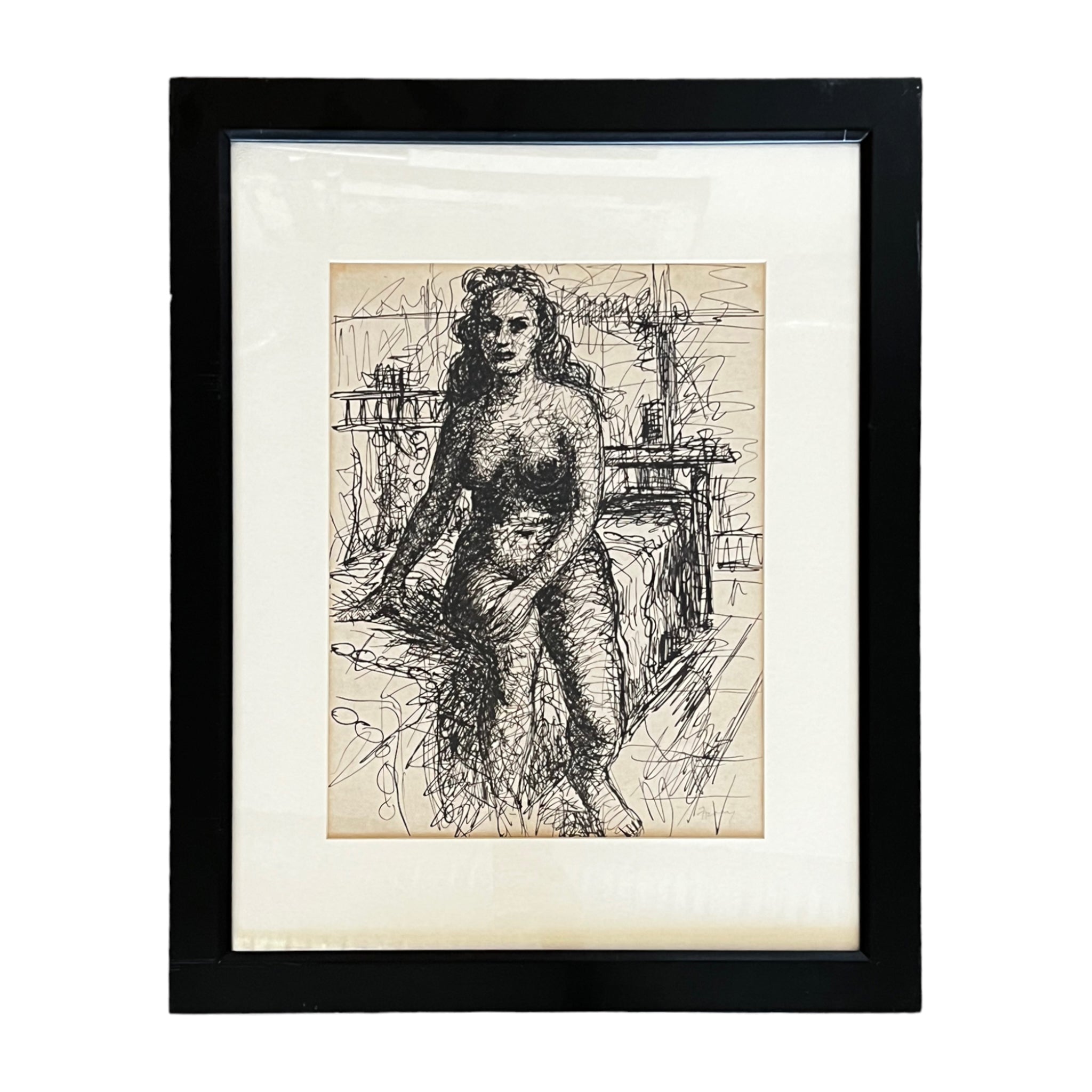 Framed ink drawing of a female nude by Michael Frary, displayed in a black frame.