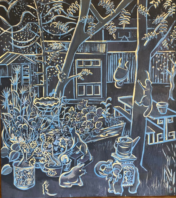 wall art
trees
Texas artist
Texas
Robert Wymer
Painting
Oil painting
nature
Local artist
garden
cats
Blue
Black
austin artist
Art
Animals
"Garden Pond Blue" by Robert Wymer
contemporary art
Oil on walnut plywood
Maple frame