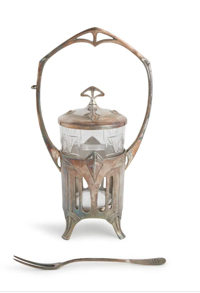 WMF
tableware
tabletop
Table Top
Silver
serveware
pickle jar
Kitchen
holiday gift
Glass
gift idea
Germany
German
fork
entertaining
art nouveau
antique
German WMF Art Nouveau Silver Plated Pickle Jar
Art Nouveau Silver Plated Pickle Jar
German Art Nouveau Silver Pickle Jar
antique pickle jar