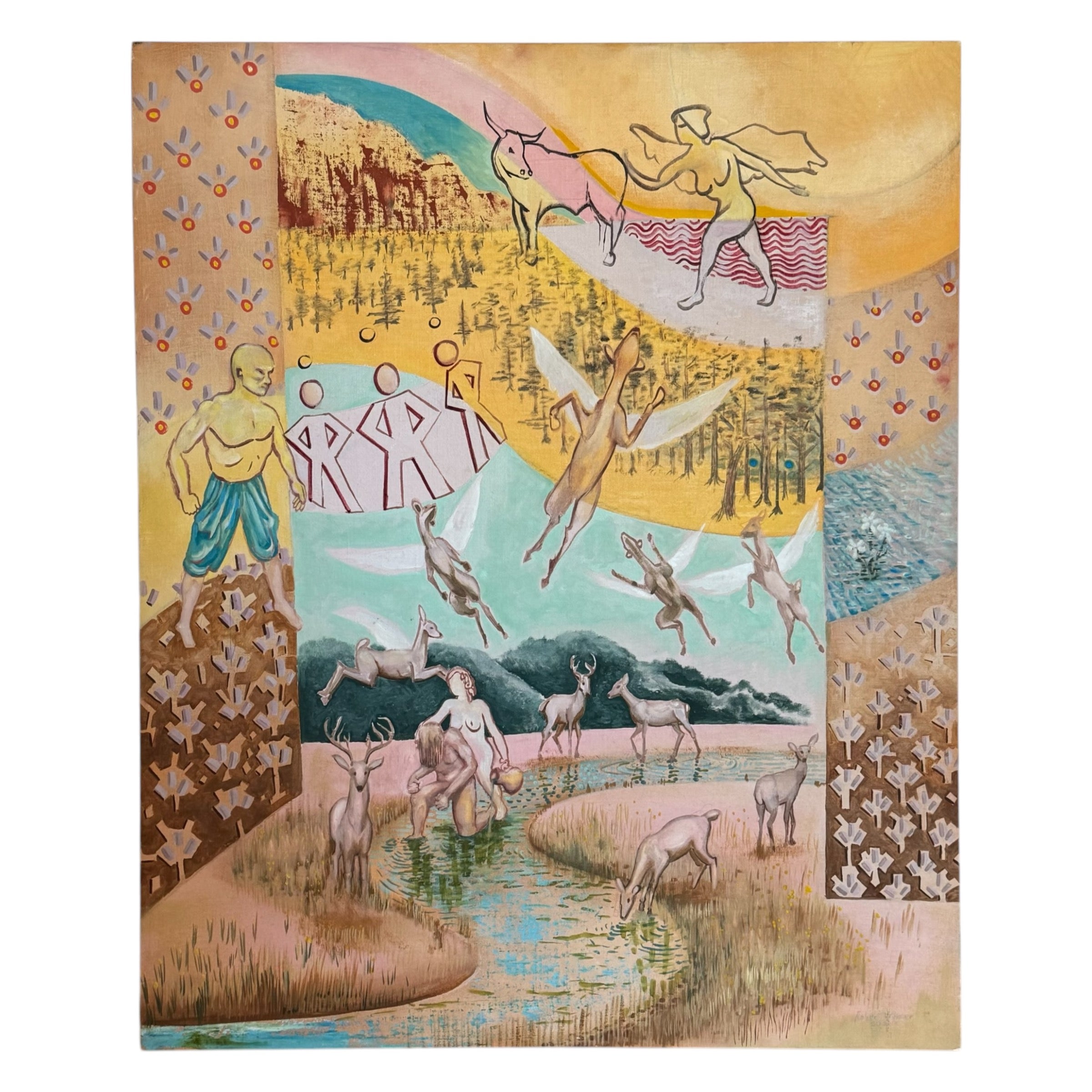 A colorful oil painting featuring abstract and figurative elements, with a blend of animals and human-like figures in a natural landscape setting. "Gilgamesh" by local artist Robert Wymer.