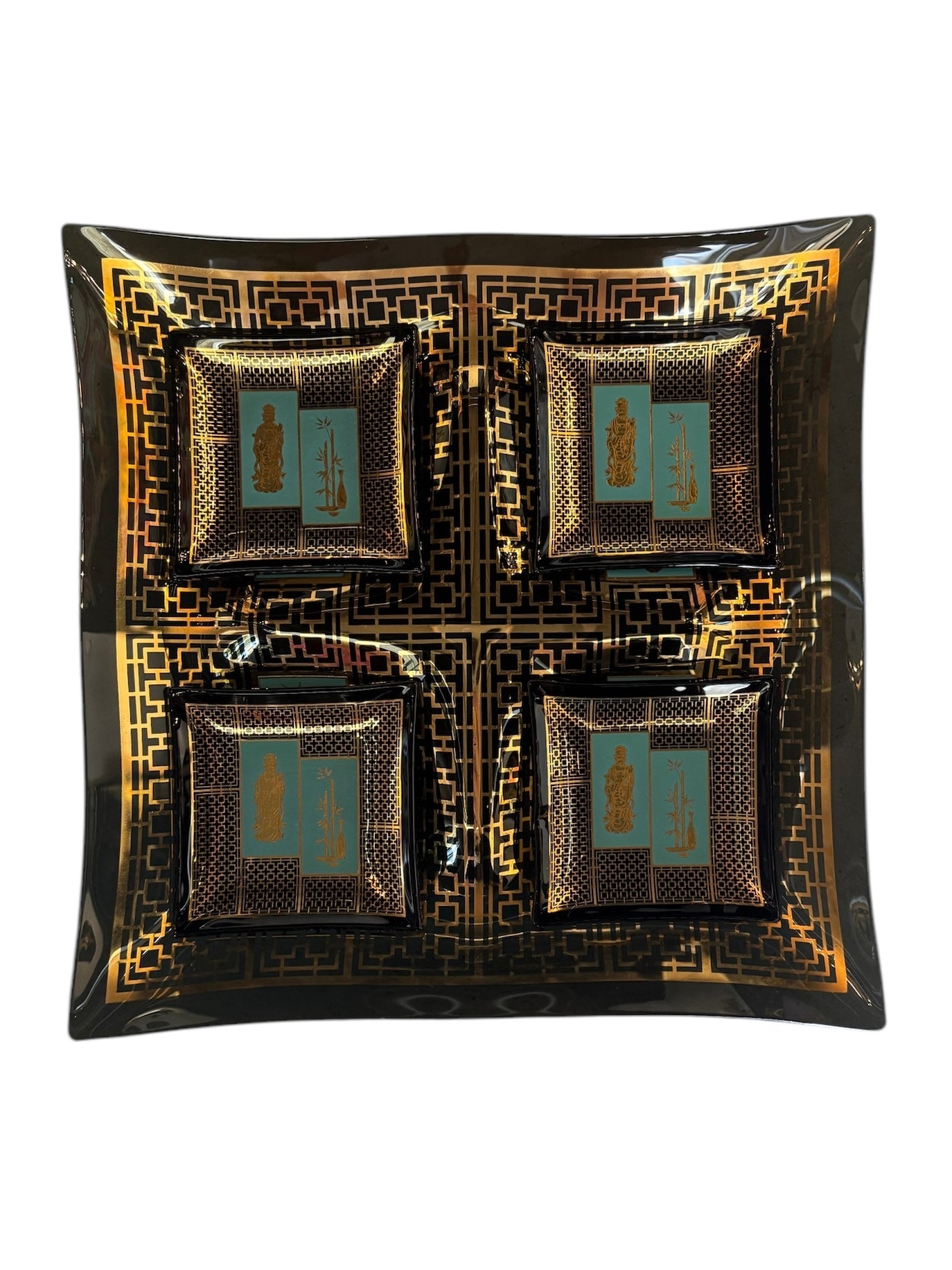 Mid Century Hostess Set, Black, Gold, Turquoise, James Mont Style, Smoked Glass, Etched 24kt Gold, coaster, trinket dish, hostess set, mid-century, geometric pattern