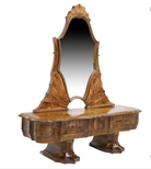 An Art Deco vanity with a burled walnut finish, featuring a beveled mirror and two drawers, attributed to Mobilificio Bertero.
