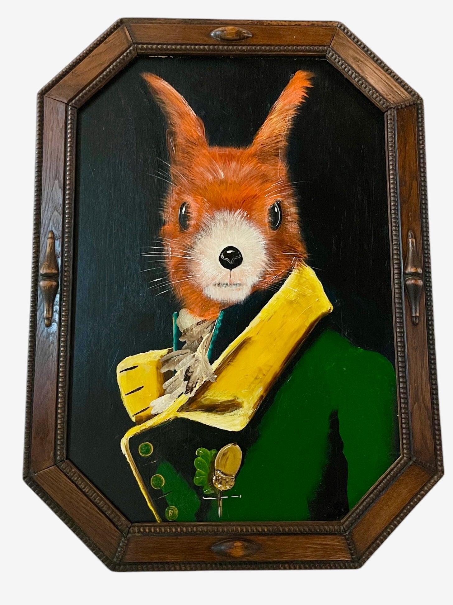 An oil painting portrait of a dapper squirrel with a black background, dressed in a green coat with a yellow lapel, and an acorn-shaped medal, framed in a Jacobean oak frame.