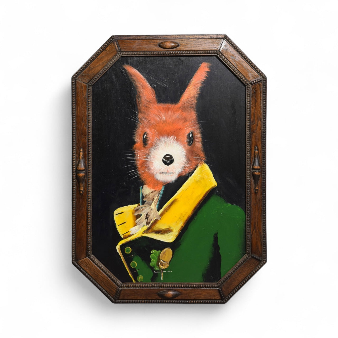 Painting of a red squirrel in a suit with a wooden frame