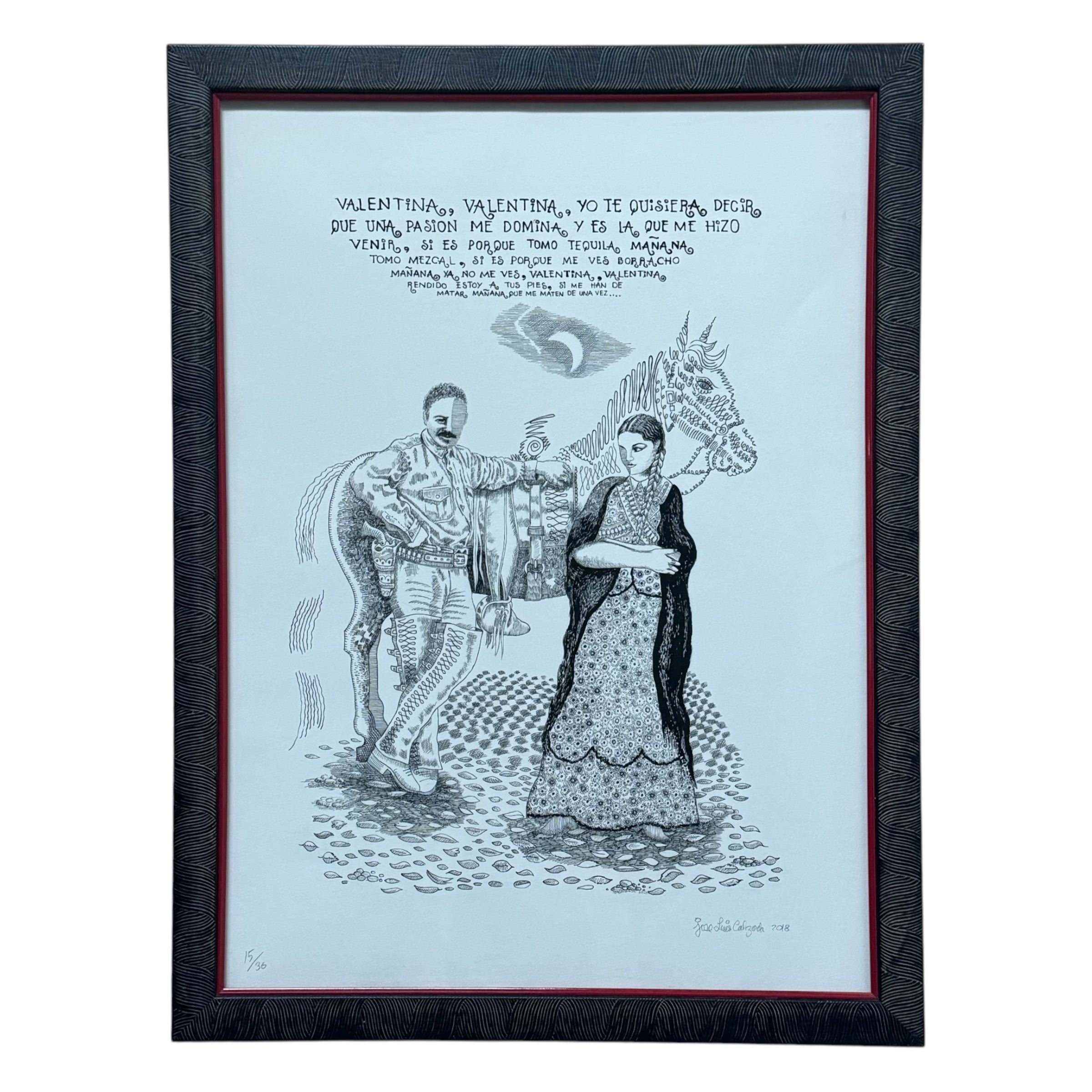 wall art
songs
Mexico
Mexican artist
Mexican
lyrics
love
Jose Luis Calzada
Horse
framed
black and white
Art
20th Century
La Valentina Lyrics limited print by Jose Luis Calzada
limited print by Jose Luis Calzada
print by Jose Luis Calzada
La Valentina Lyrics by Jose Luis Calzada
mexican art
Print
stylistic print with a surreal theme