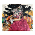 A vibrant and colorful oil painting on canvas depicting a figure in a pink dress with an abstract and expressive background. John Dawson, Artist, B. 1946