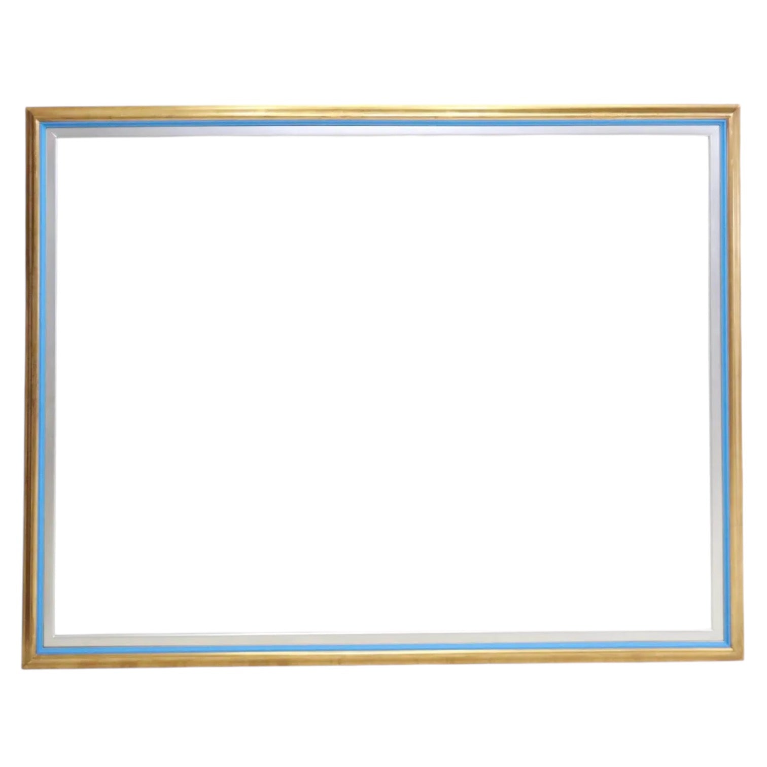 A large contemporary picture art frame with a molded design, featuring a combination of silver, gold, and blue borders.