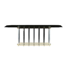 A Hollywood Regency style dining table with a smokey glass top and brass bands and pillars.
Lucite Hollywood Regency Style Dining Table Austin.