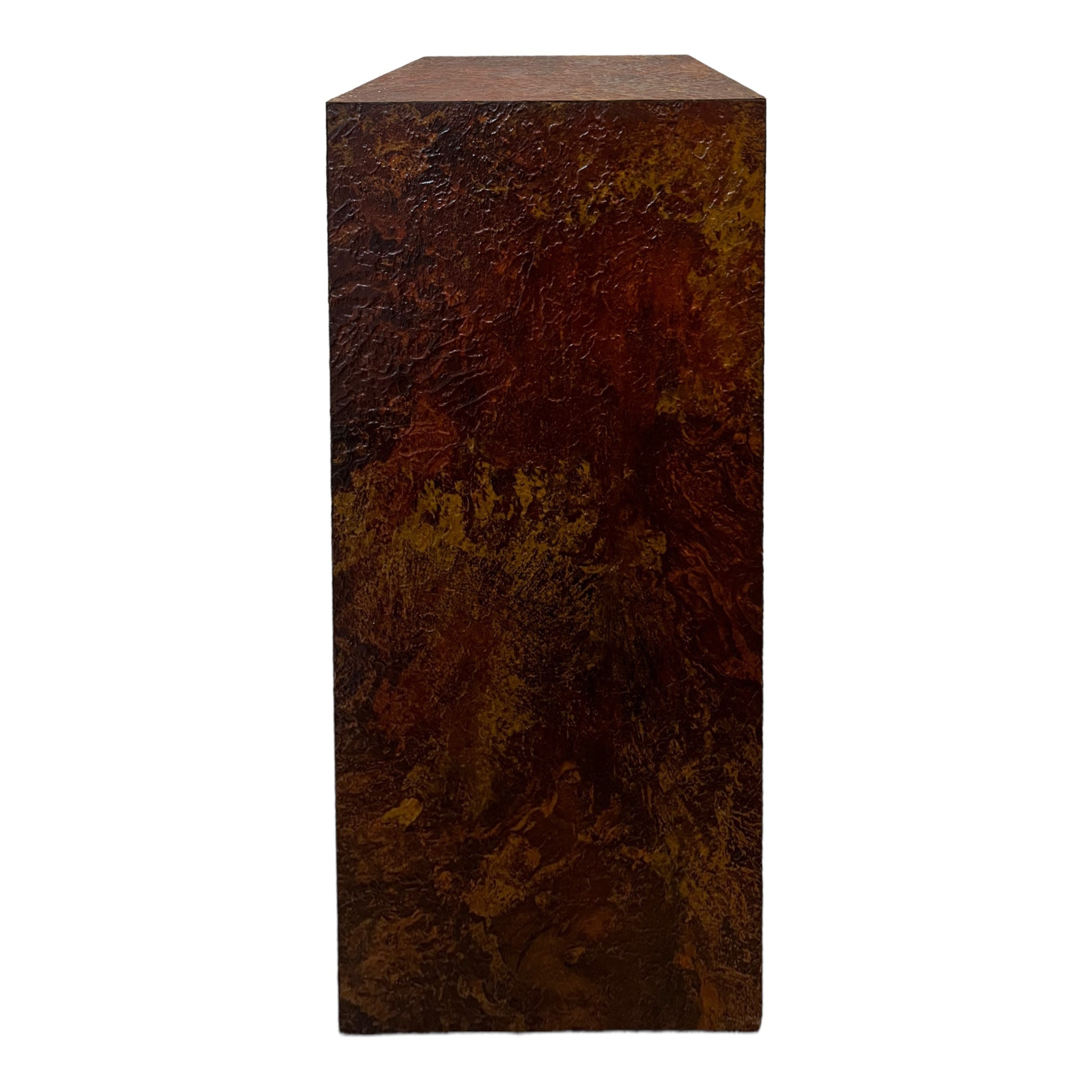 A vintage pedestal in the manner of Paul Evans with a laminate finish and oxidized metal appearance, showing signs of wear.