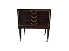 A Mid-Century Modern convertible tray table chest with dark-stained wood and brass accents, featuring a closed configuration with no visible legs.
