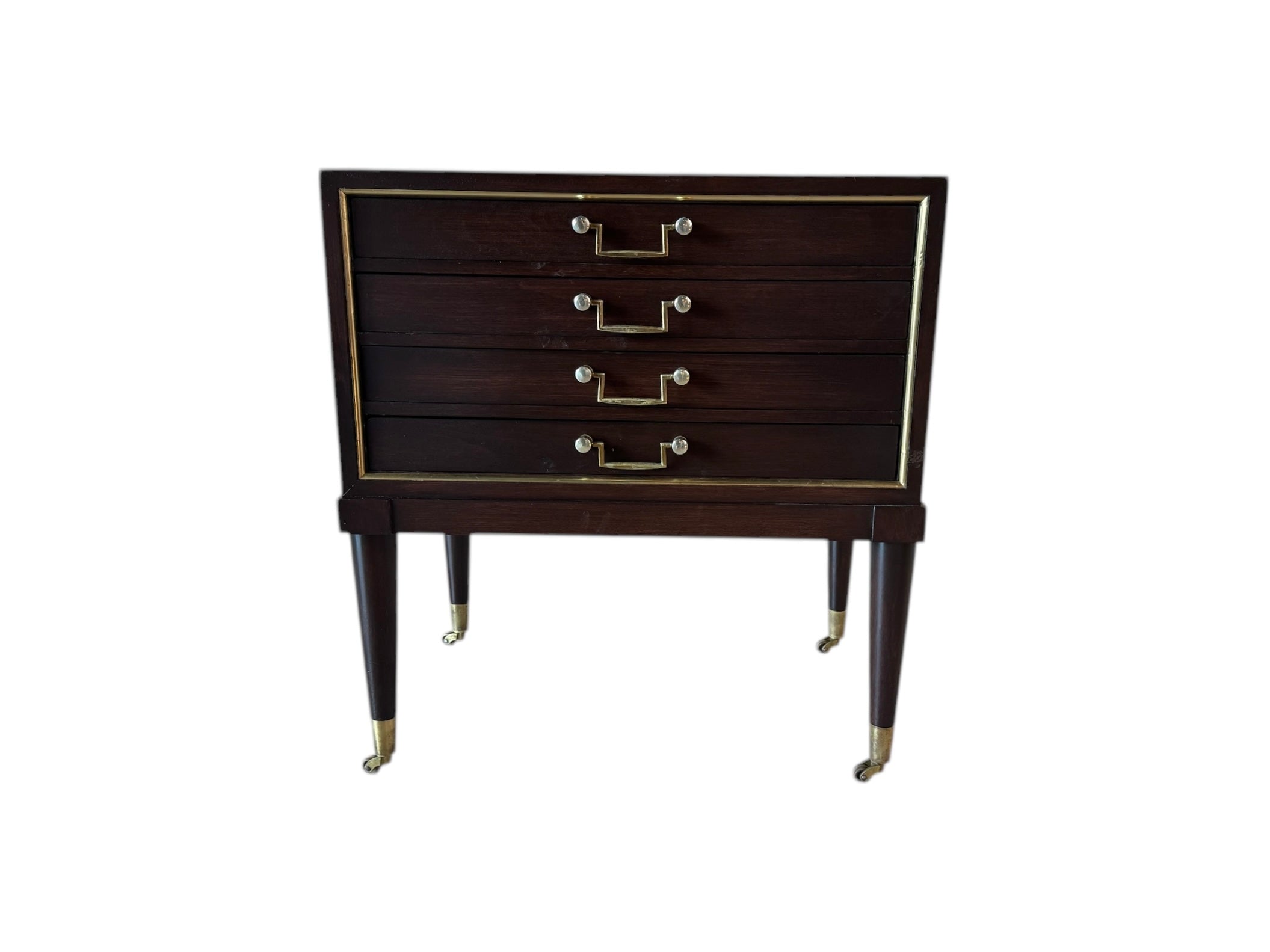 A Mid-Century Modern convertible tray table chest with dark-stained wood and brass accents, featuring a closed configuration with no visible legs.