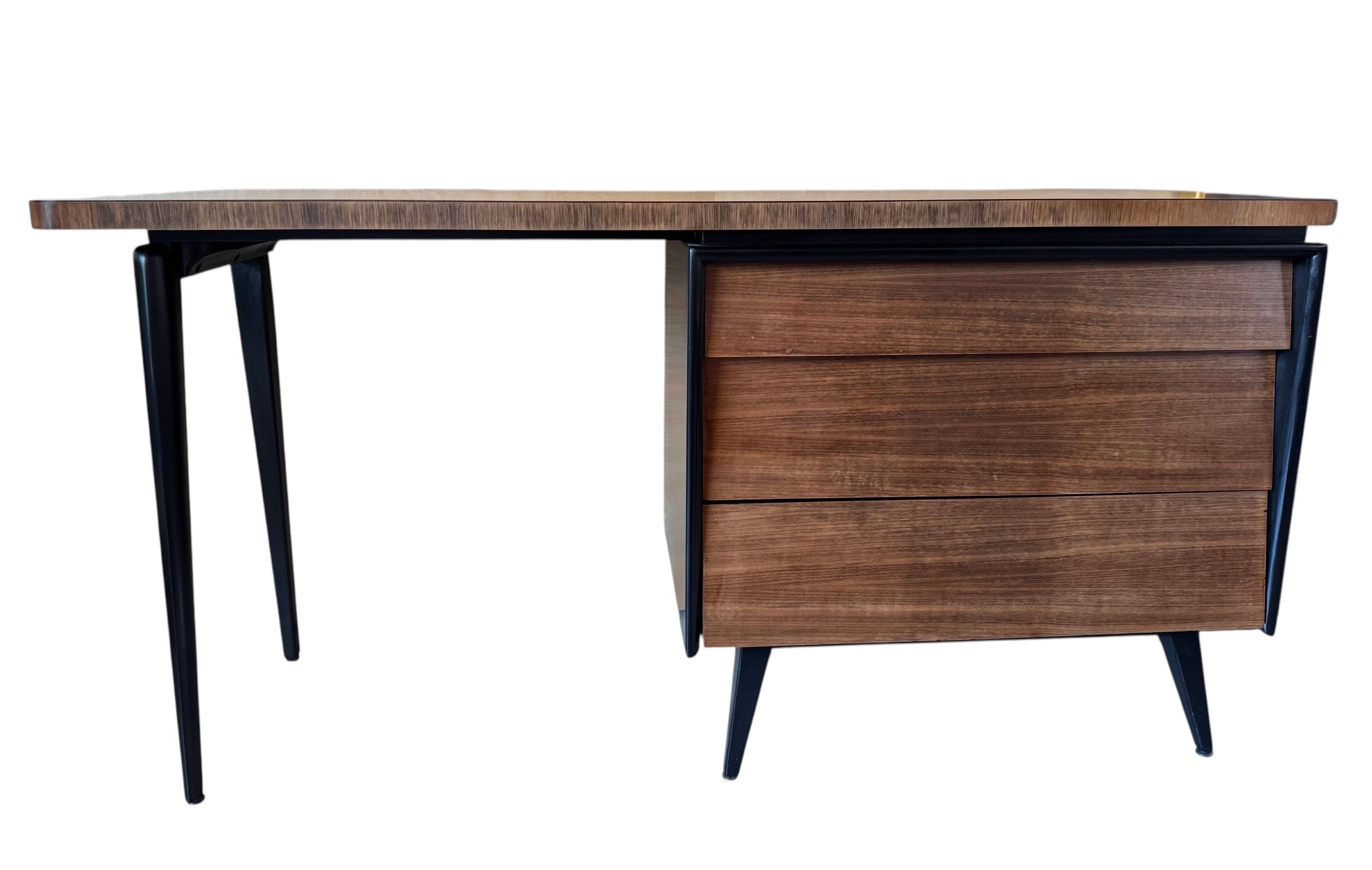 Mid Century Desk, Mid Century, Desk, Tapered Legs, Morris C. Mallin, Mallin Furniture Co., Walnut Veneer, black enameled metal, sleek, corporate, modernist
Mid-Century Modern Asymmetrical Desk by Mallin Furniture Co.