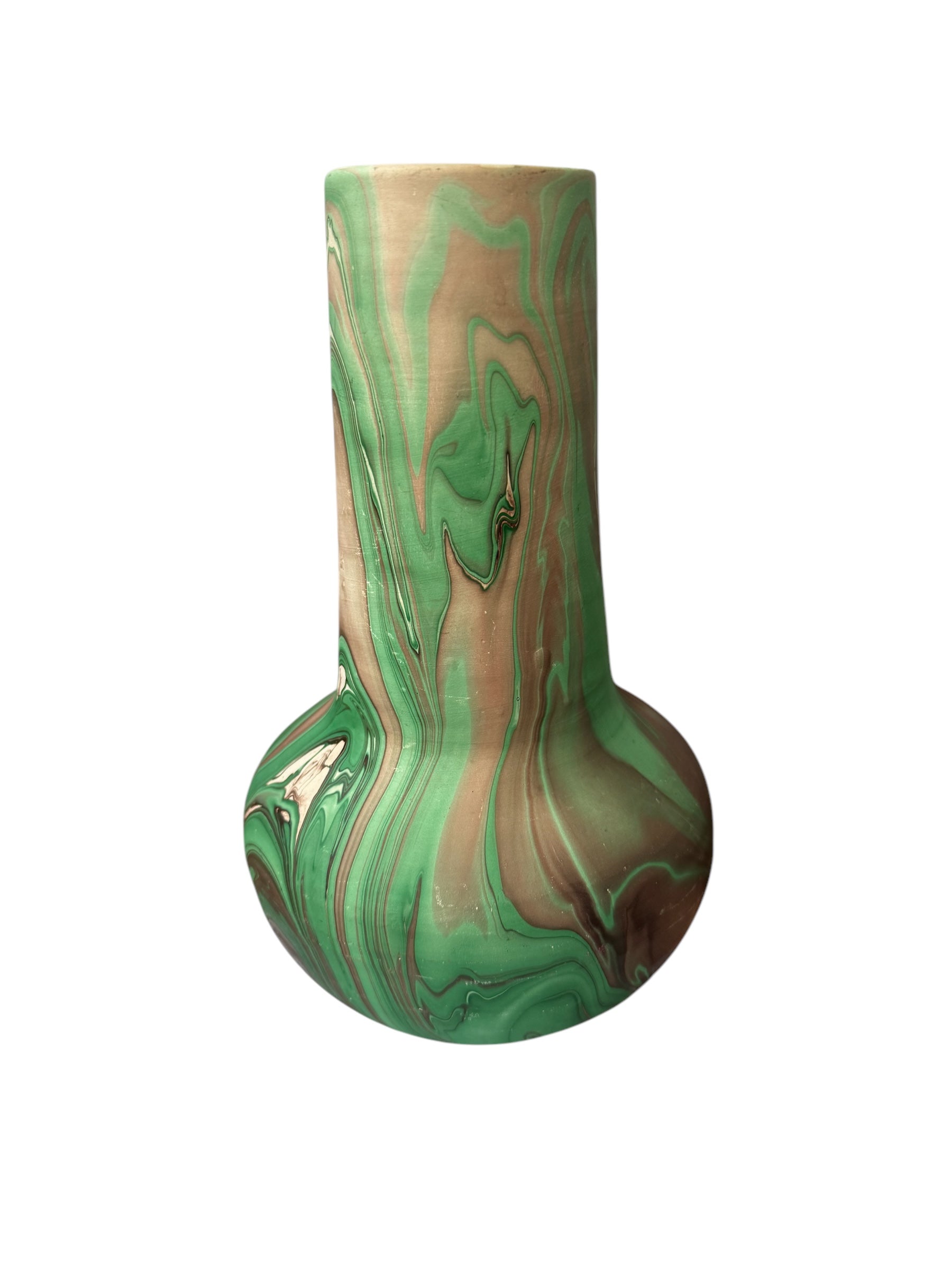 A mid-century ceramic vase with a marbled design featuring swirling green and brown tones, with a bulbous base that tapers to a cylindrical neck.