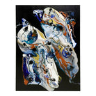 An abstract acrylic painting by Petronella Greer featuring bold colors on a black background, with dynamic textures and a variety of colors including blue, white, and orange.