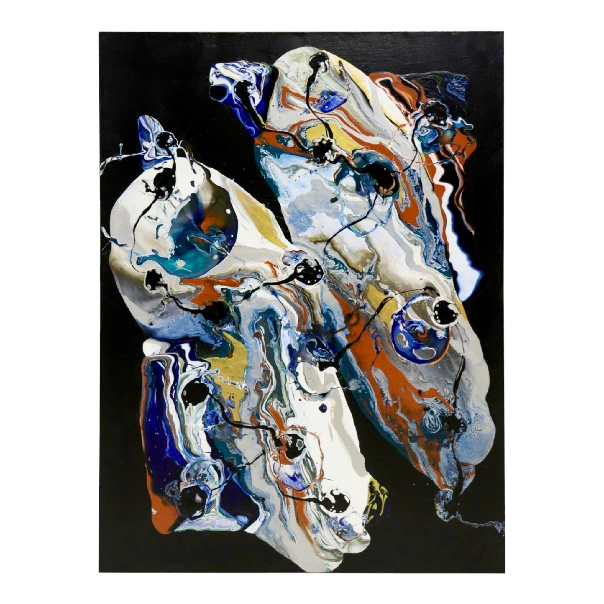 An abstract acrylic painting by Petronella Greer featuring bold colors on a black background, with dynamic textures and a variety of colors including blue, white, and orange.