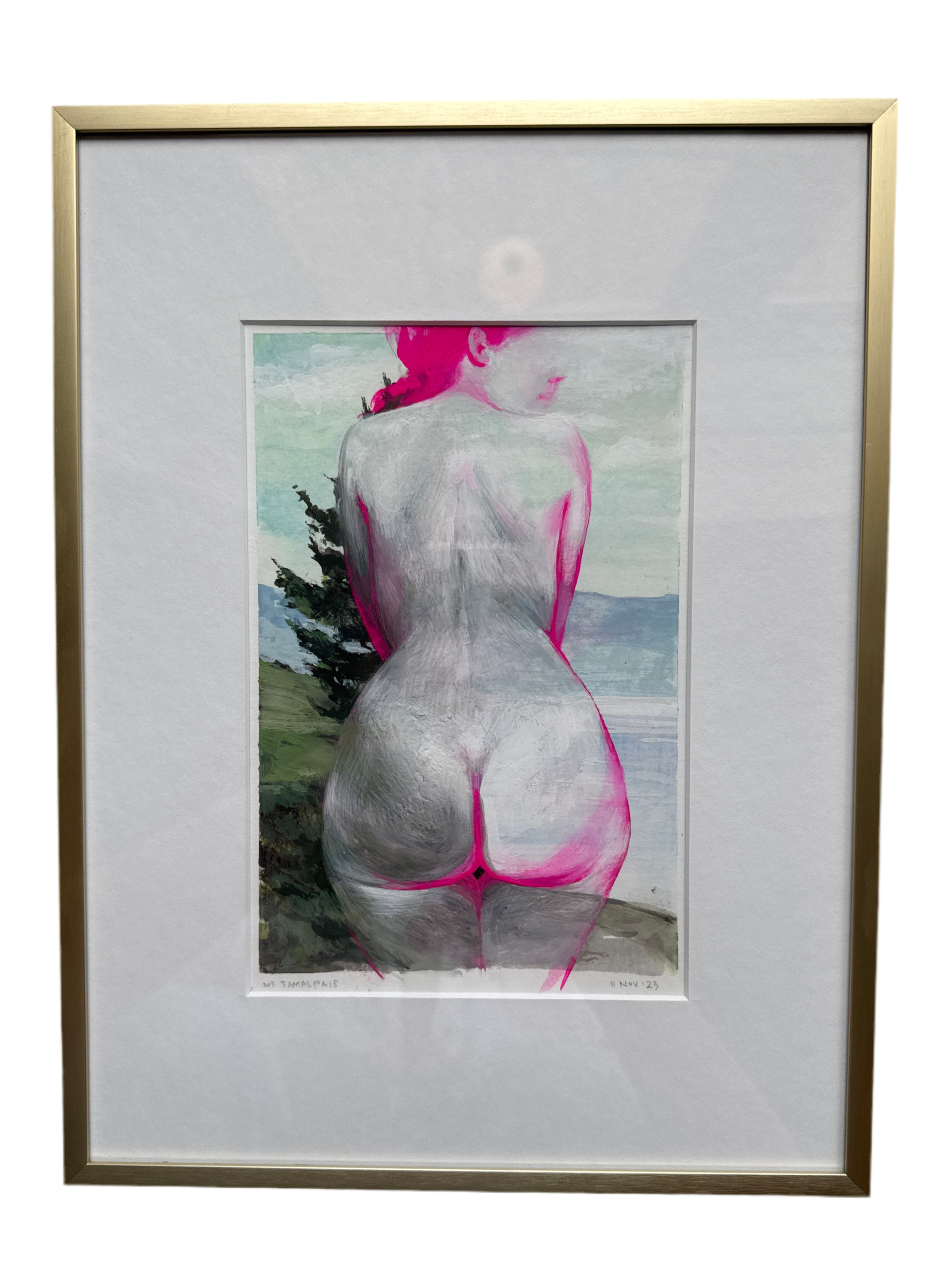 Ondrea Vicklund en plein air gouache painting with white matting in a gold frame.