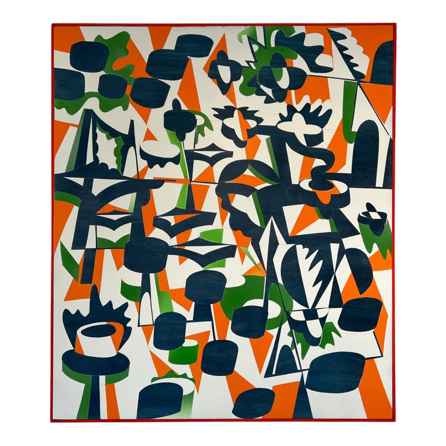 A vibrant abstract painting featuring geometric patterns in orange, blue, and green hues with a black outline by local artist Robert Wymer.
