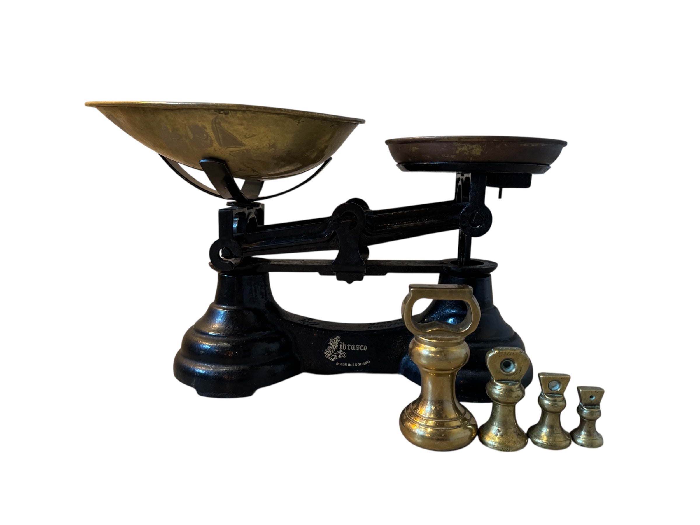 Painted Balance Scale with Brass Pans & Weights, Vintage, Antique, Librasco, Black Cast Iron, Brass, Birmingham Kitchen, Weighing Scales, Brass Weights, Kitchen Scale, Appliance