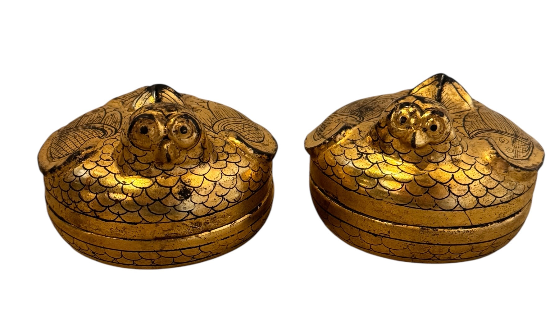 Two gold owl-shaped boxes