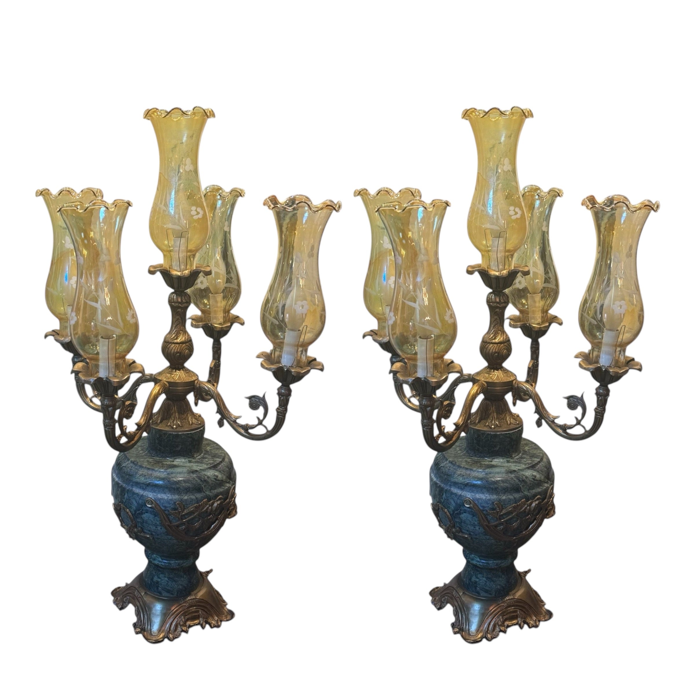 Pair of 19th-century French ormolu and marble lamps, ornate gilt detailing with classic antique elegance. Excellent condition.
