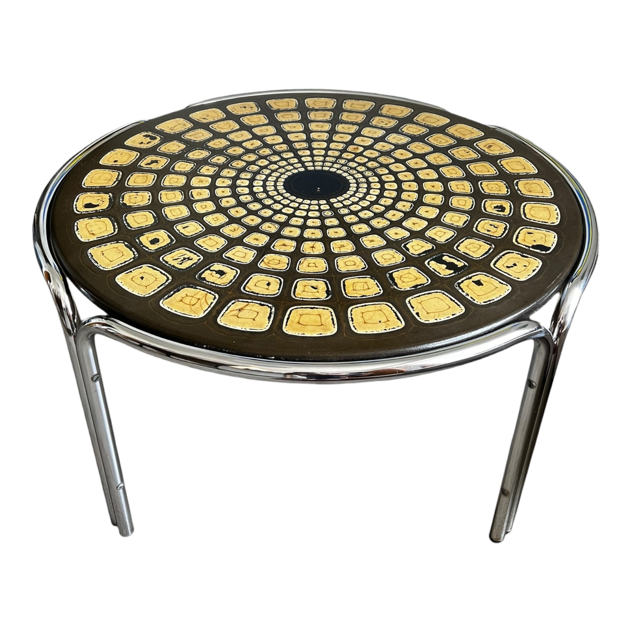 Vintage
UK
tortoise
tea table
Table
Side table
Occasional table
mandala
Entry table
Coffee table
Chrome
1970s
leather-like tortoise shell design
mandala design
geometric
geometric design
patterned table top
groovy
chrome table