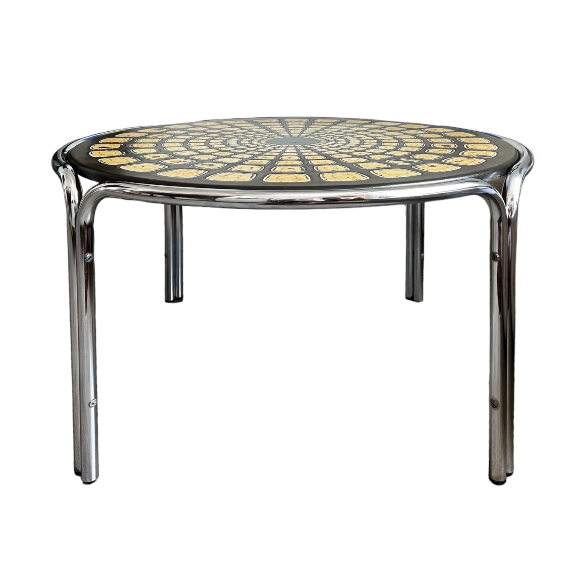 Vintage
UK
tortoise
tea table
Table
Side table
Occasional table
mandala
Entry table
Coffee table
Chrome
1970s
leather-like tortoise shell design
mandala design
geometric
geometric design
patterned table top
groovy
chrome table