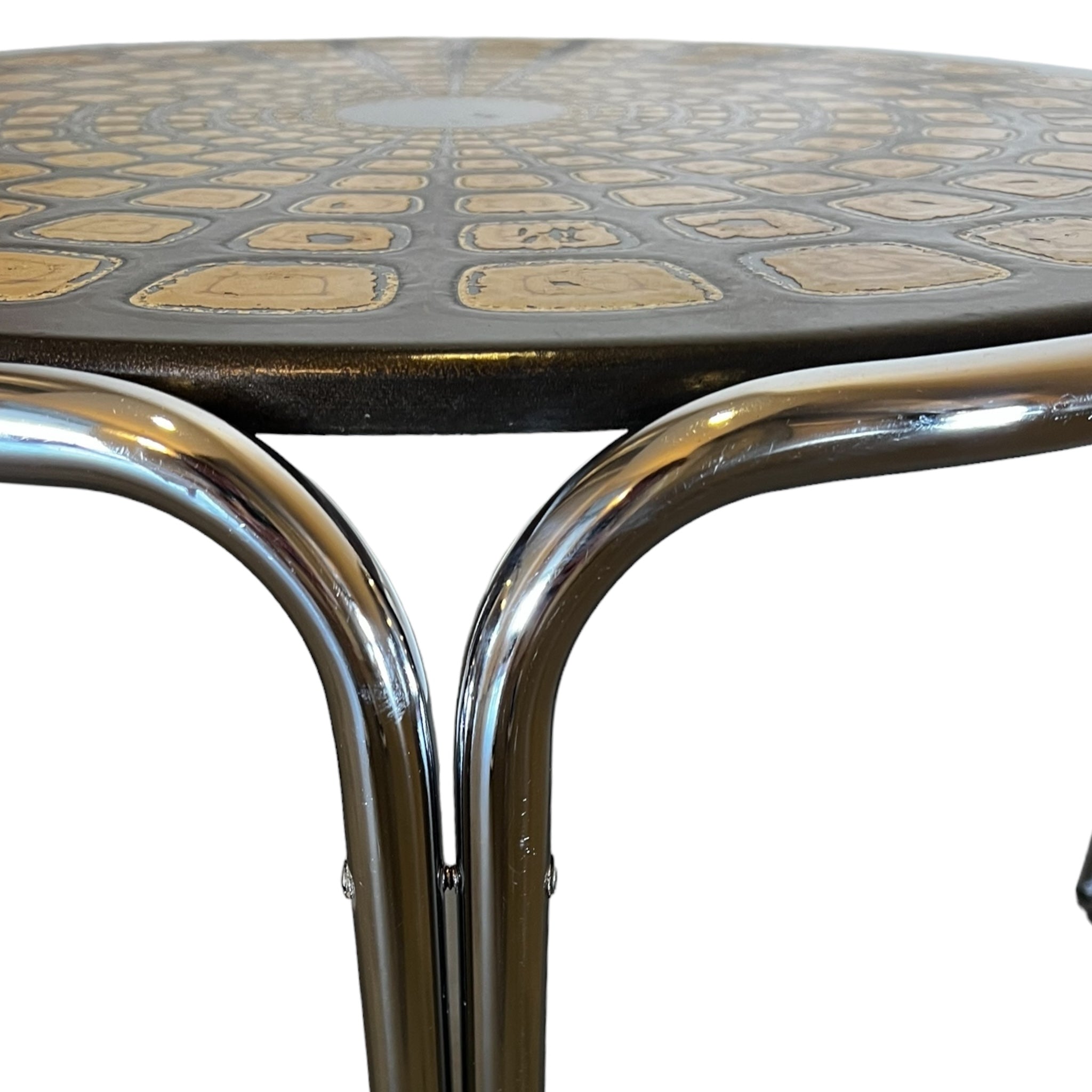 Vintage
UK
tortoise
tea table
Table
Side table
Occasional table
mandala
Entry table
Coffee table
Chrome
1970s
leather-like tortoise shell design
mandala design
geometric
geometric design
patterned table top
groovy
chrome table
chrome table austin