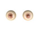 Two telephone bells painted beige with a realistic depiction of a human nipple in the center, by artist Ondrea Vicklund
