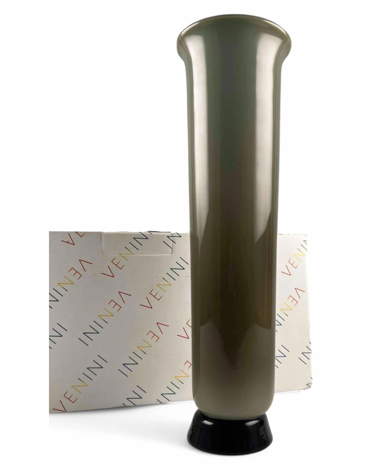Image of a Venini Anni Trenta art glass vase, featuring a flared silhouette, Talpa colored exterior, and Acquamare interior, created using the Opalino technique