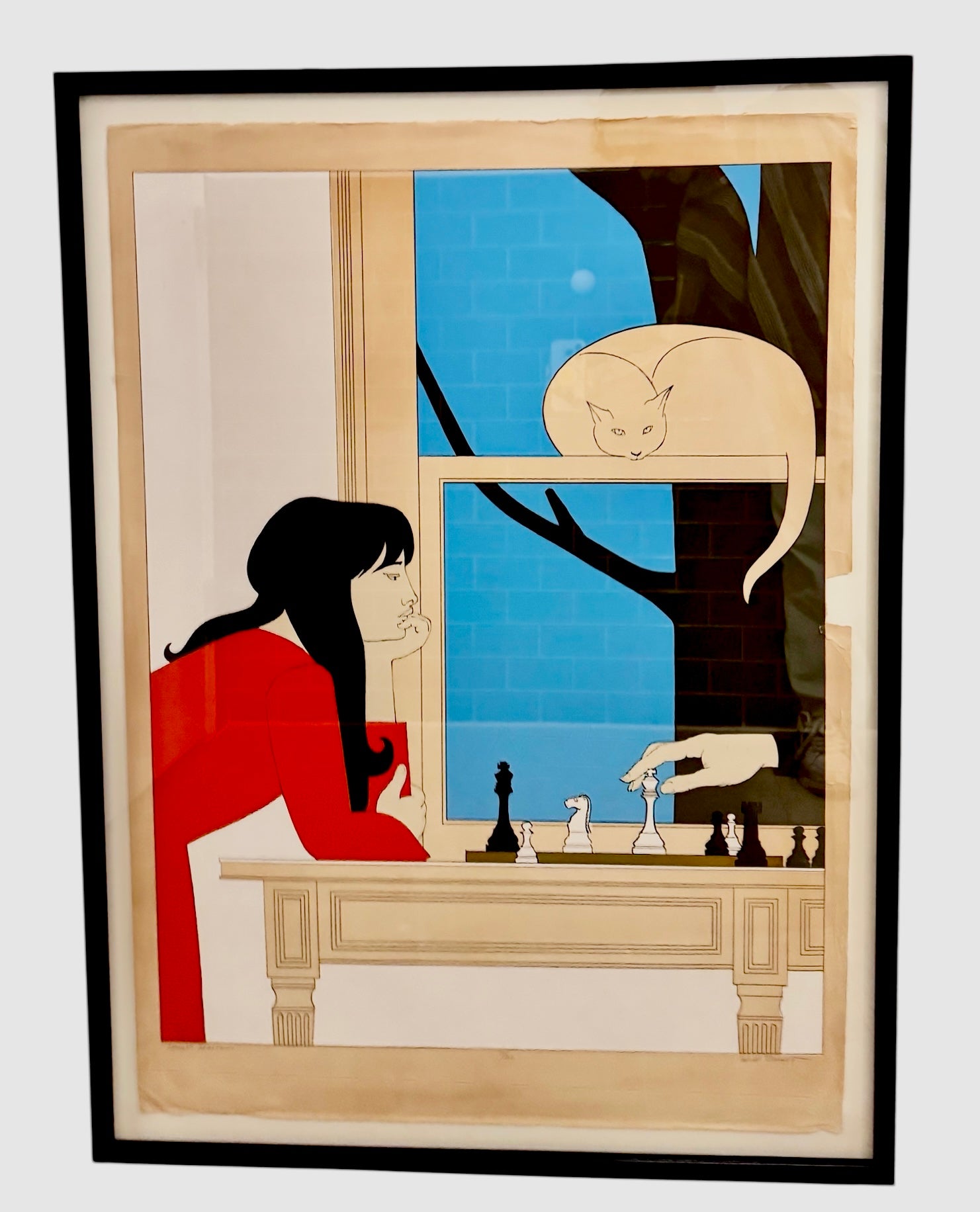 Framed artwork by Will Barnet, of a woman playing chess and a cat at a window with a tree and blue sky.
