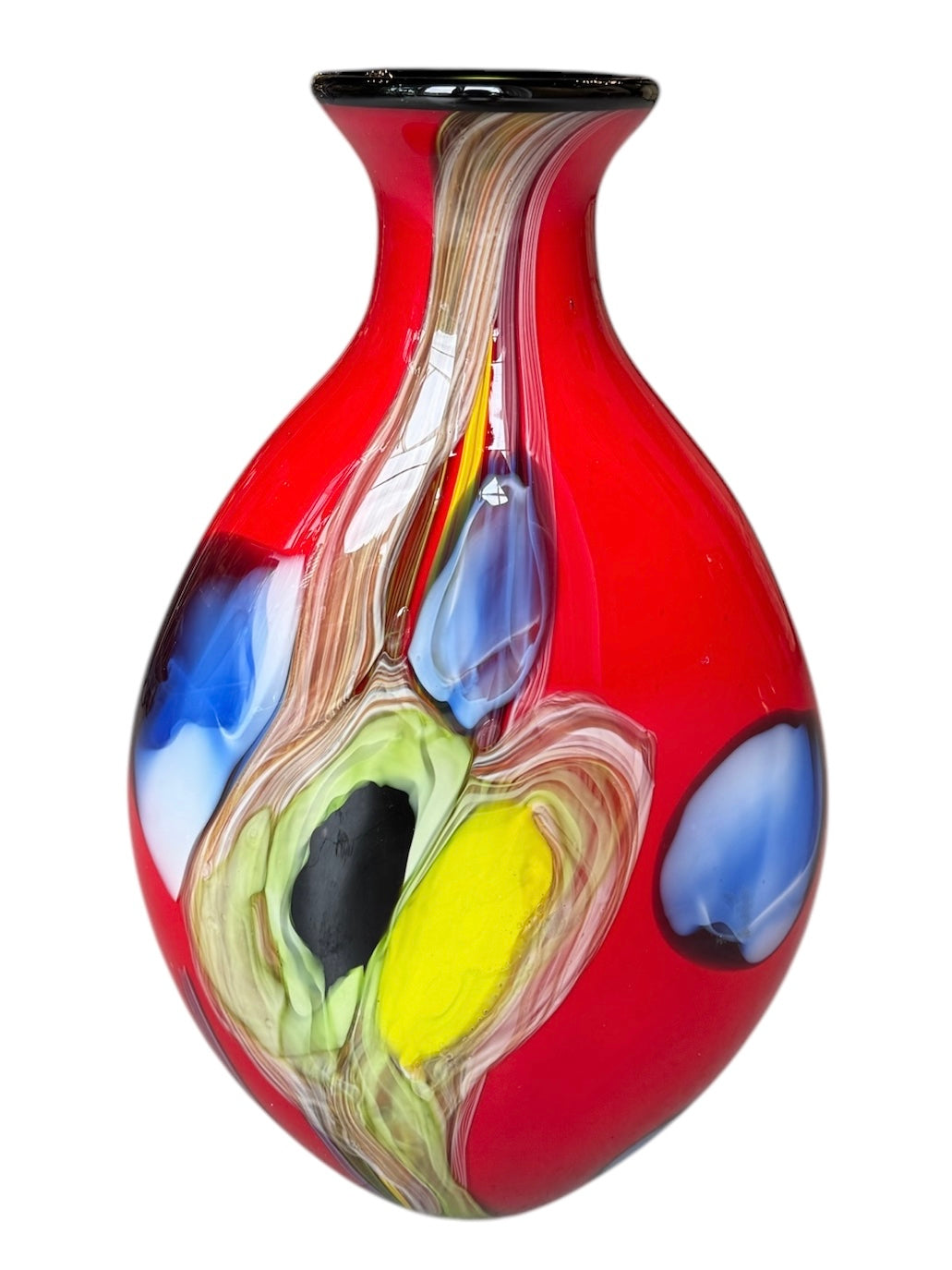 A vibrant red art glass vase with multicolored patterns and custom-made murrine, inspired by Murano glasswork.