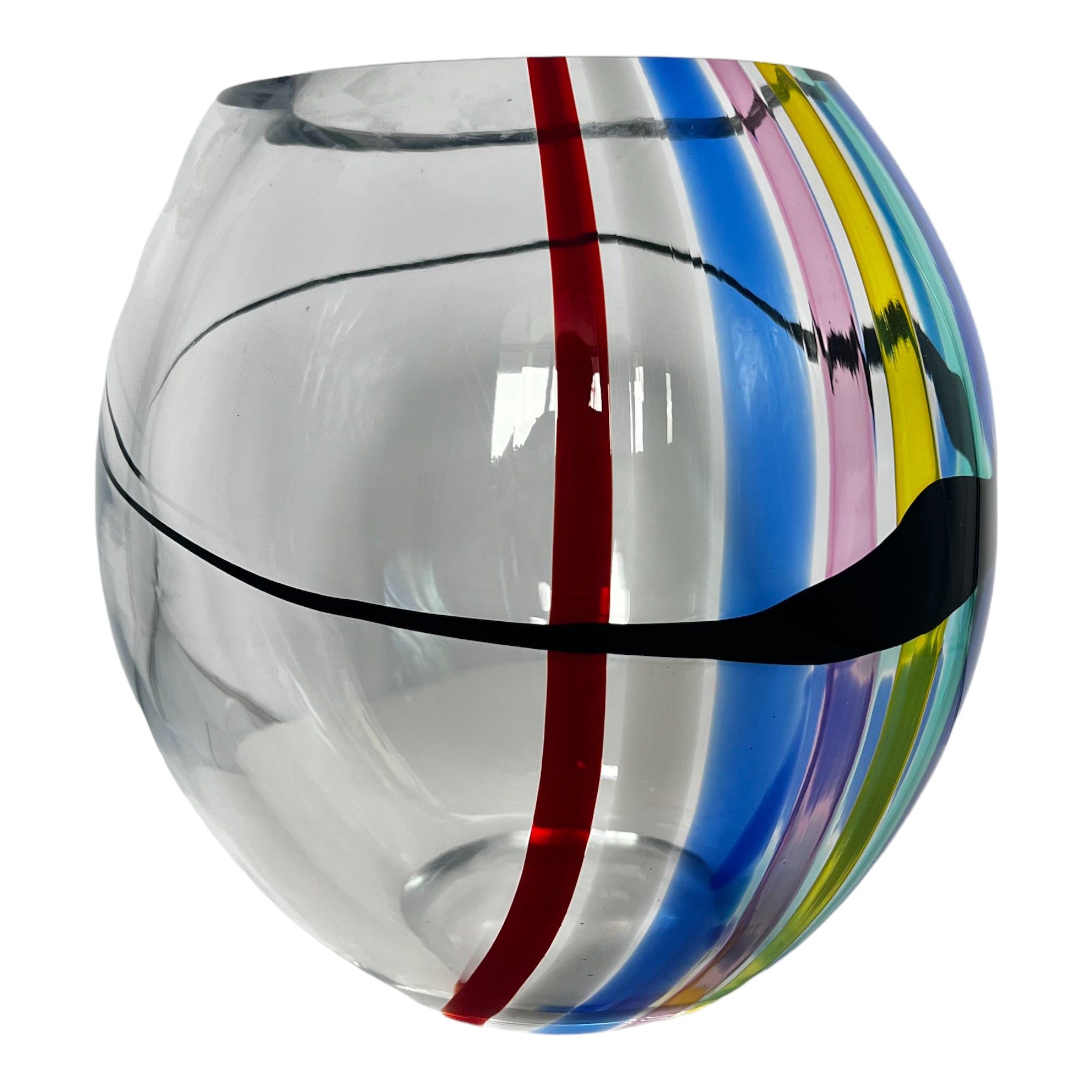 A colorful striped glass vase by Livio Seguso with a modernist design, featuring bands of blue, orange, pink, red, yellow, and green embedded within the clear glass.