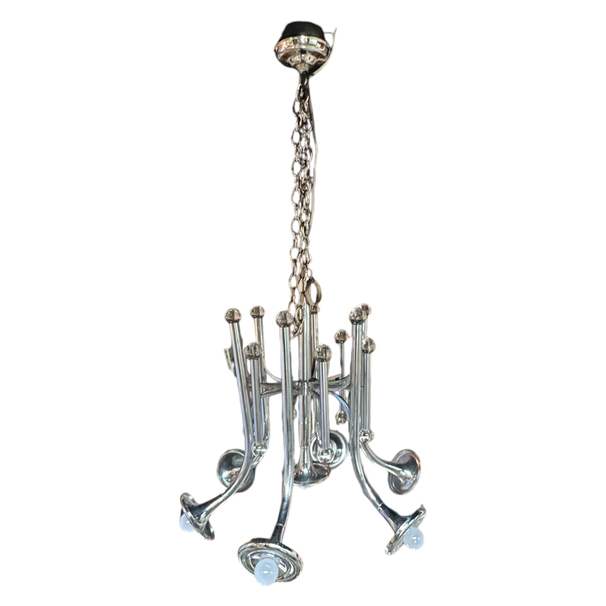 A vintage chrome chandelier with a unique trumpet-inspired design, featuring decorative crystal balls and multiple circular shades.