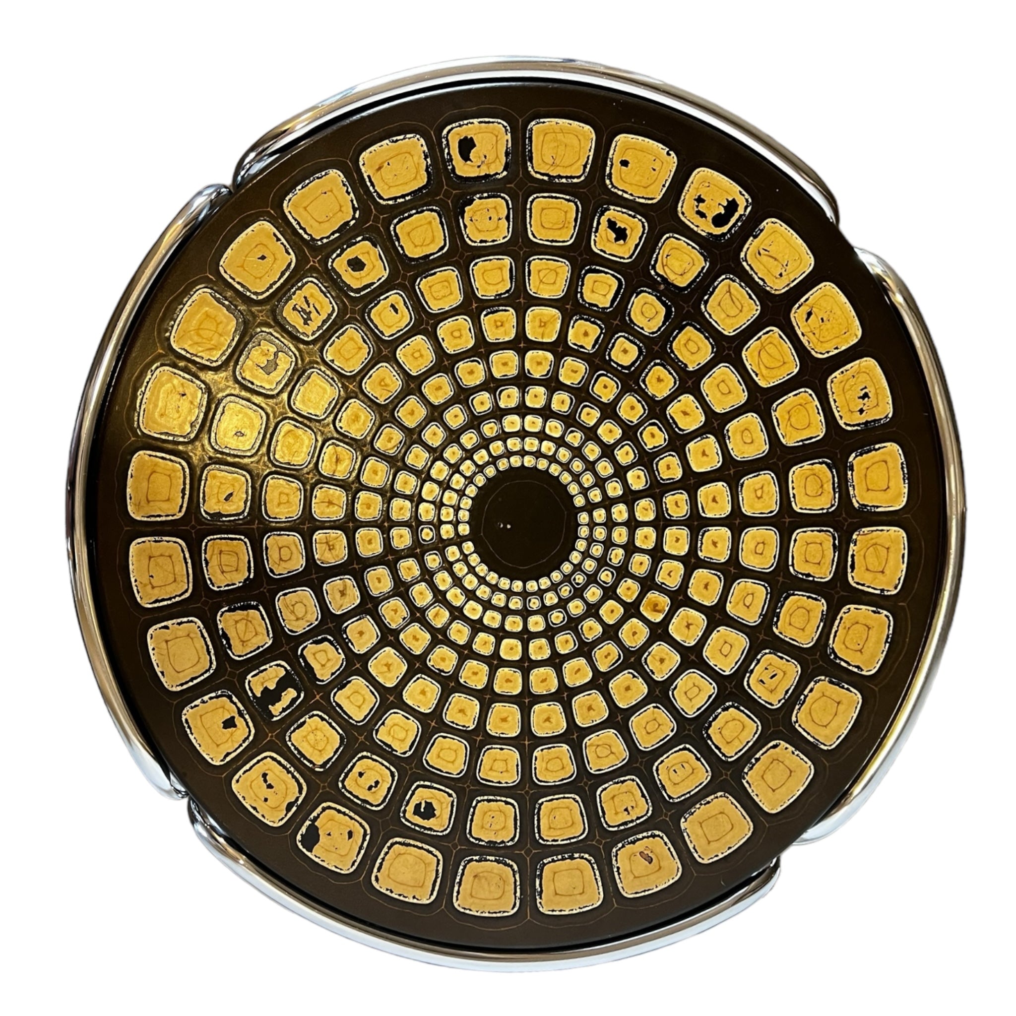 Vintage
UK
tortoise
tea table
Table
Side table
Occasional table
mandala
Entry table
Coffee table
Chrome
1970s
leather-like tortoise shell design
mandala design
geometric
geometric design
patterned table top
groovy
chrome table