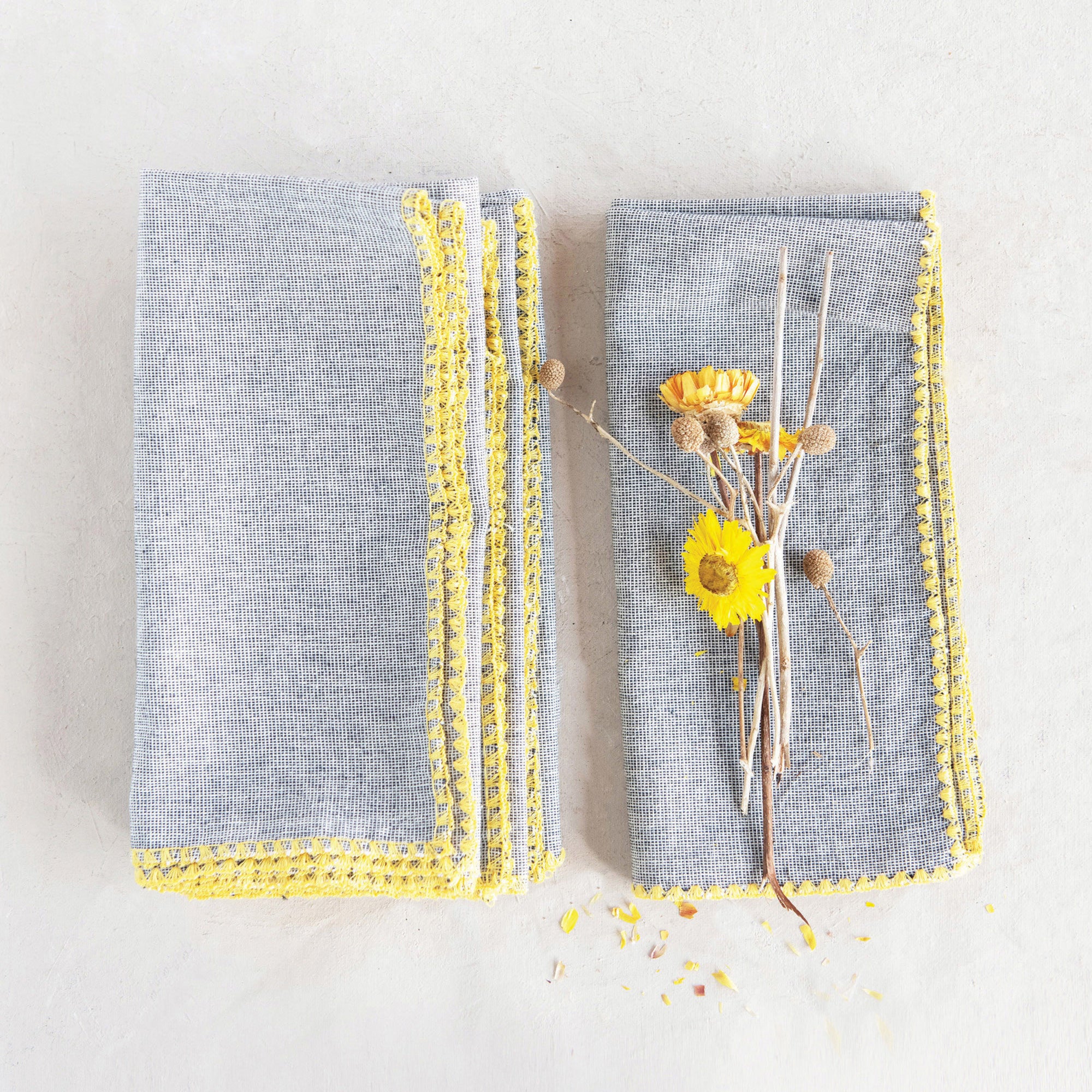 Yellow
towel
tabletop
table top
napkins
linens
Kitchen
India
Home
holiday gift
gift idea
flowers
entertaining
dining essentials
Colorful
Cotton
embroidered
cloth napkins