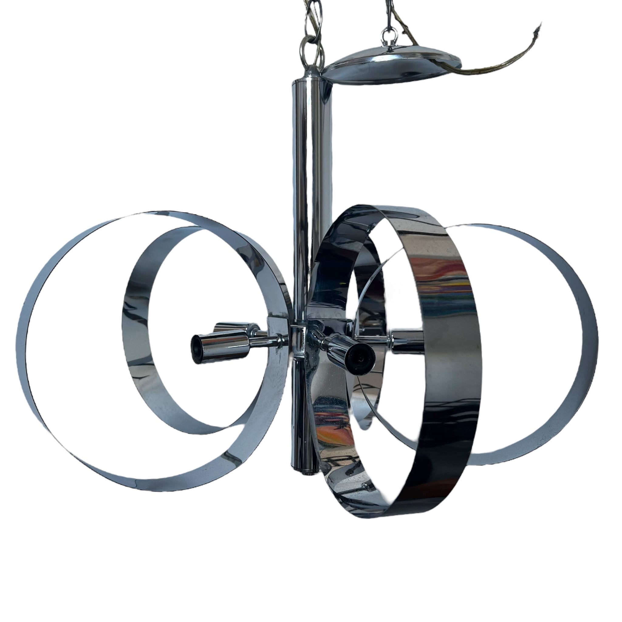 A chrome globe pendant light with five hoops and a central cylindrical column.