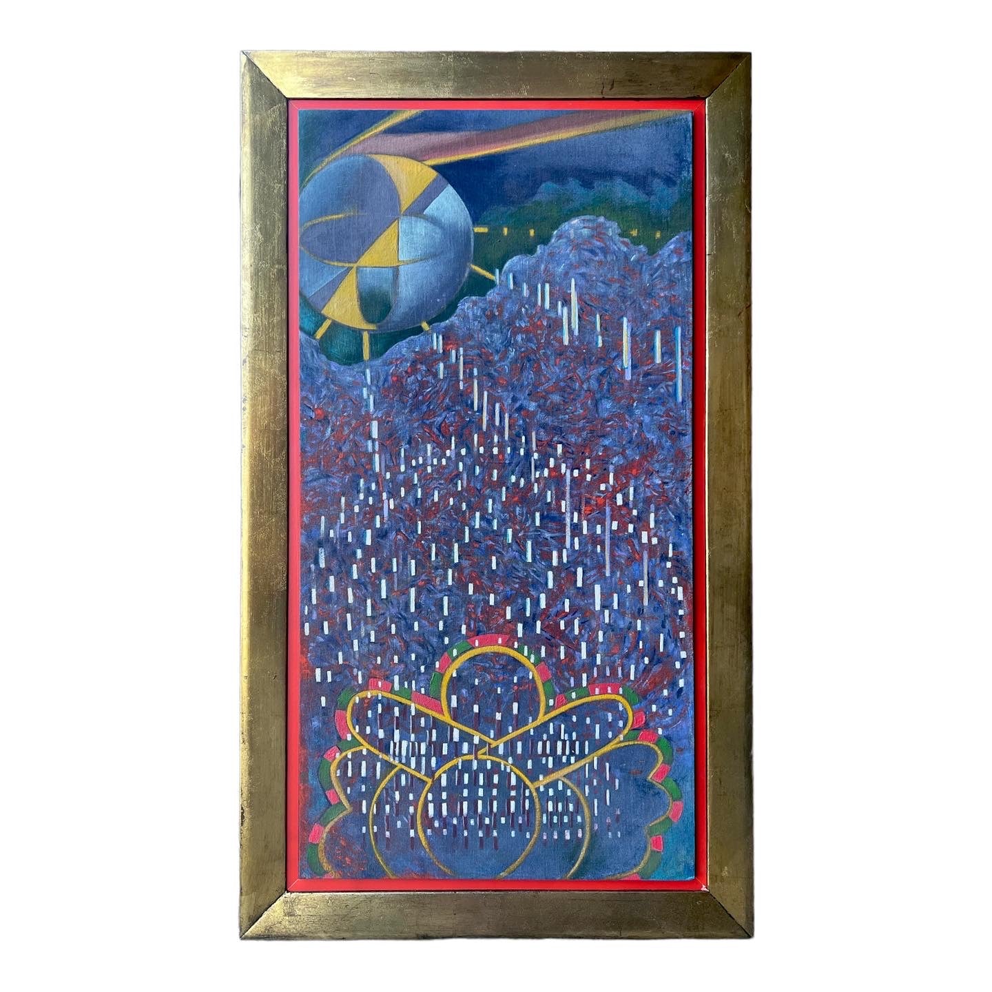 A framed oil on canvas painting by local artist Robert Wymer, featuring a vibrant depiction of celestial bodies and an urban landscape, predominantly in blue and gold tones.