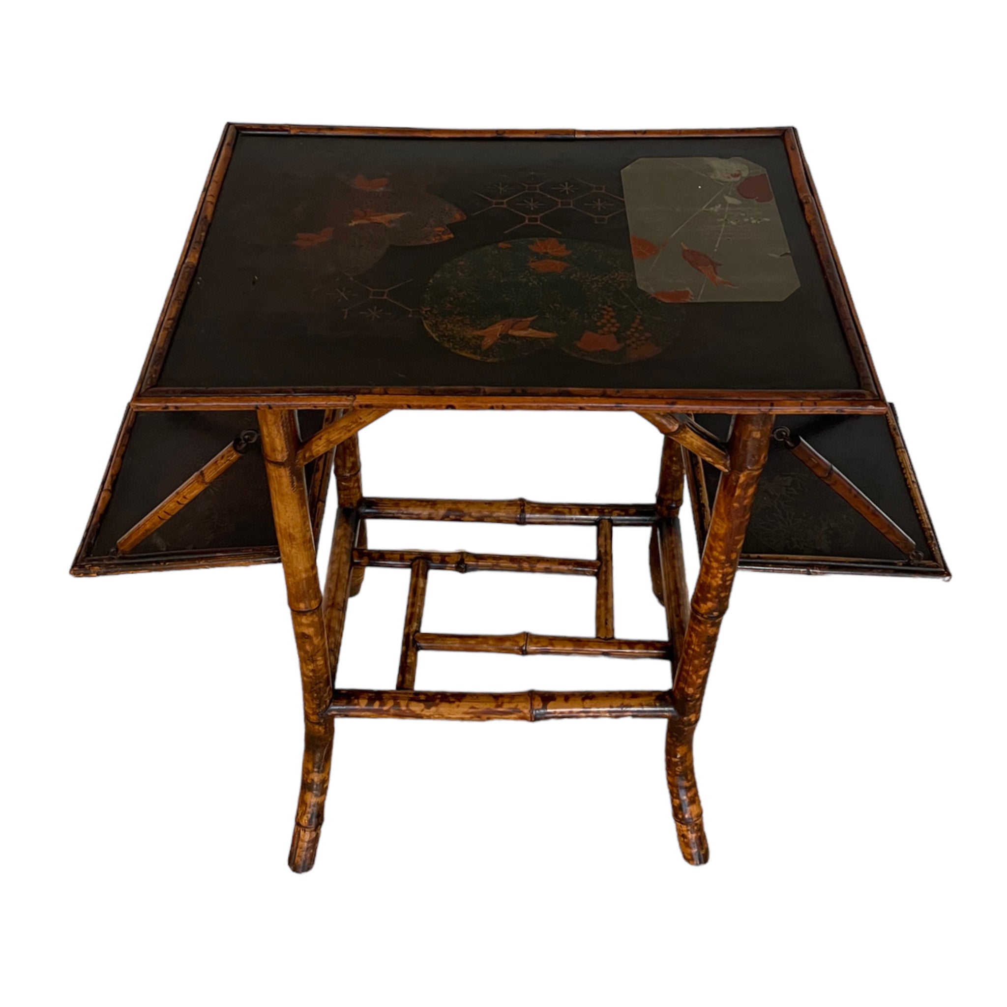 tiger bamboo
tea table
Table
Side table
lacquer
Jappaning
Japanning
end table
Britain
bamboo
antique
19th century
small table
accent table
painted