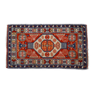 Handwoven Erivan rug with vibrant red, blue, and gold field. Central ivory octagonal medallion surrounded by stylized floral motifs, enclosed within a continuous linked flower head border. Rectilinear flora and fauna designs characteristic of the Mountainous Caucasus region of Armenia and Azerbaijan. Professionally cleaned, excellent condition.
Hand tied Erivan Rug