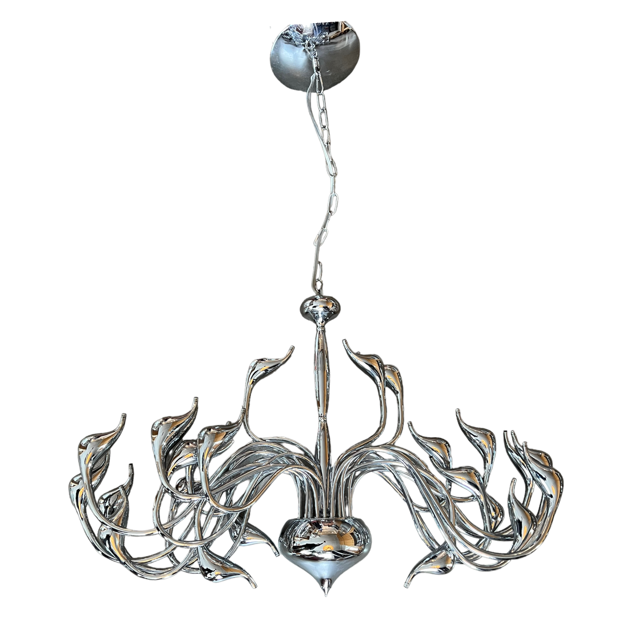 A modern silver chandelier with a whimsical design, featuring what appears to be swan-like figures with lit-up bills.