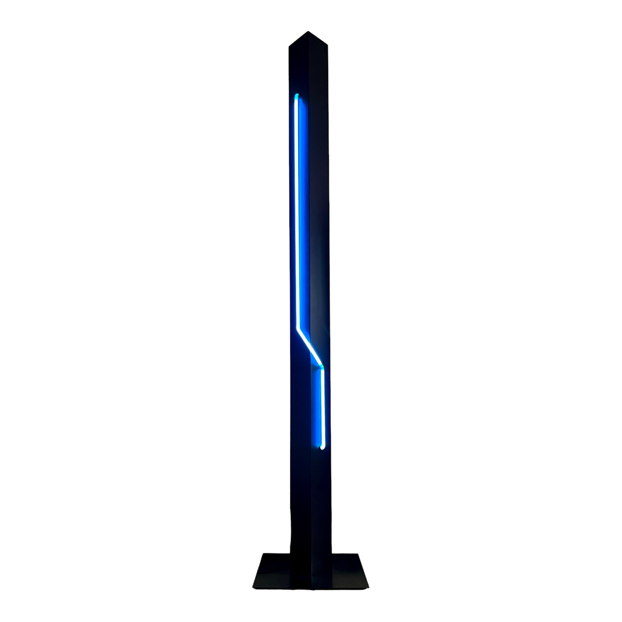 A blue neon sculpture and floor lamp by Rudi Stern with a black iron base, displaying the distinctive neon light.