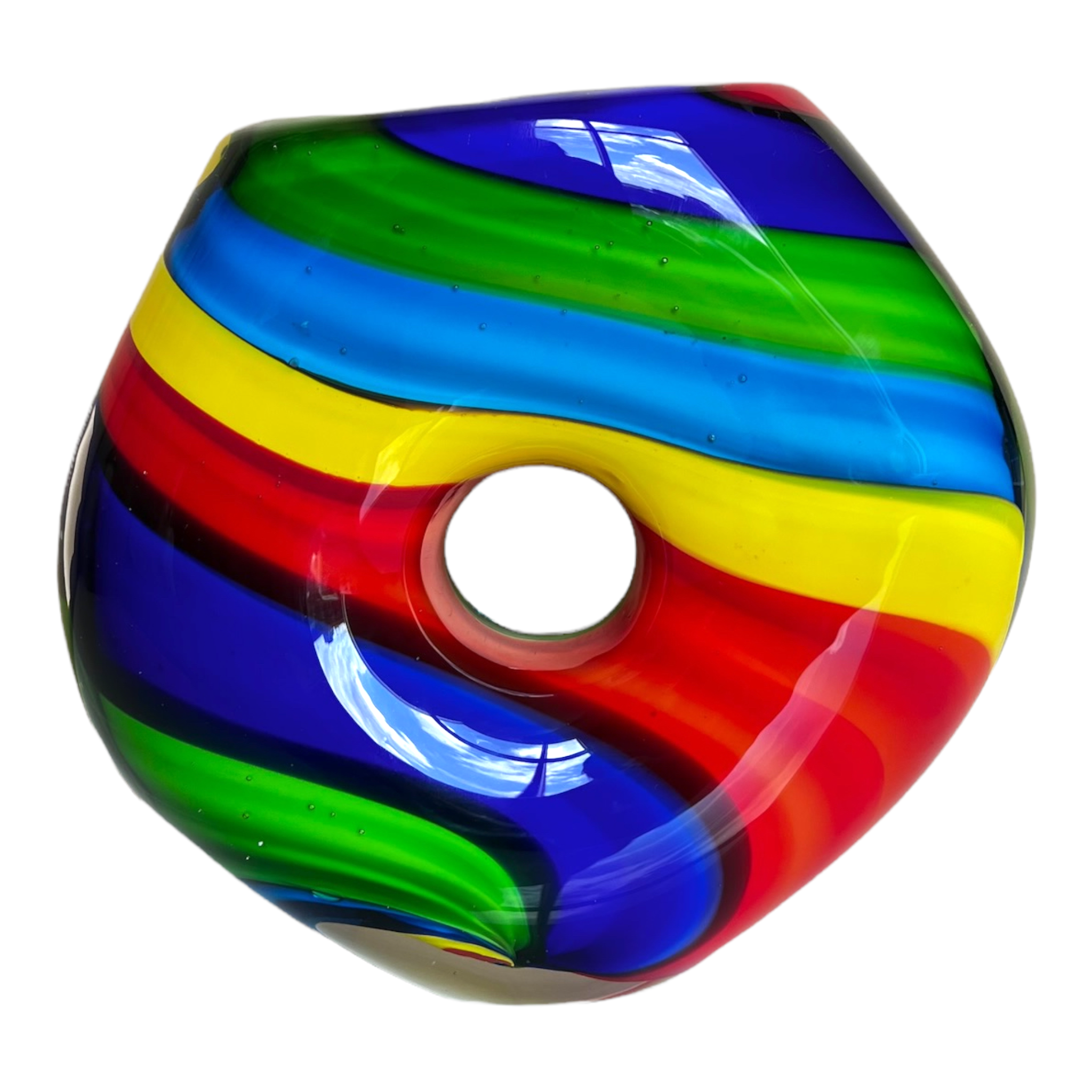 A multicolored Murano glass vase with rainbow stripes, featuring bands of blue, green, yellow, and red.