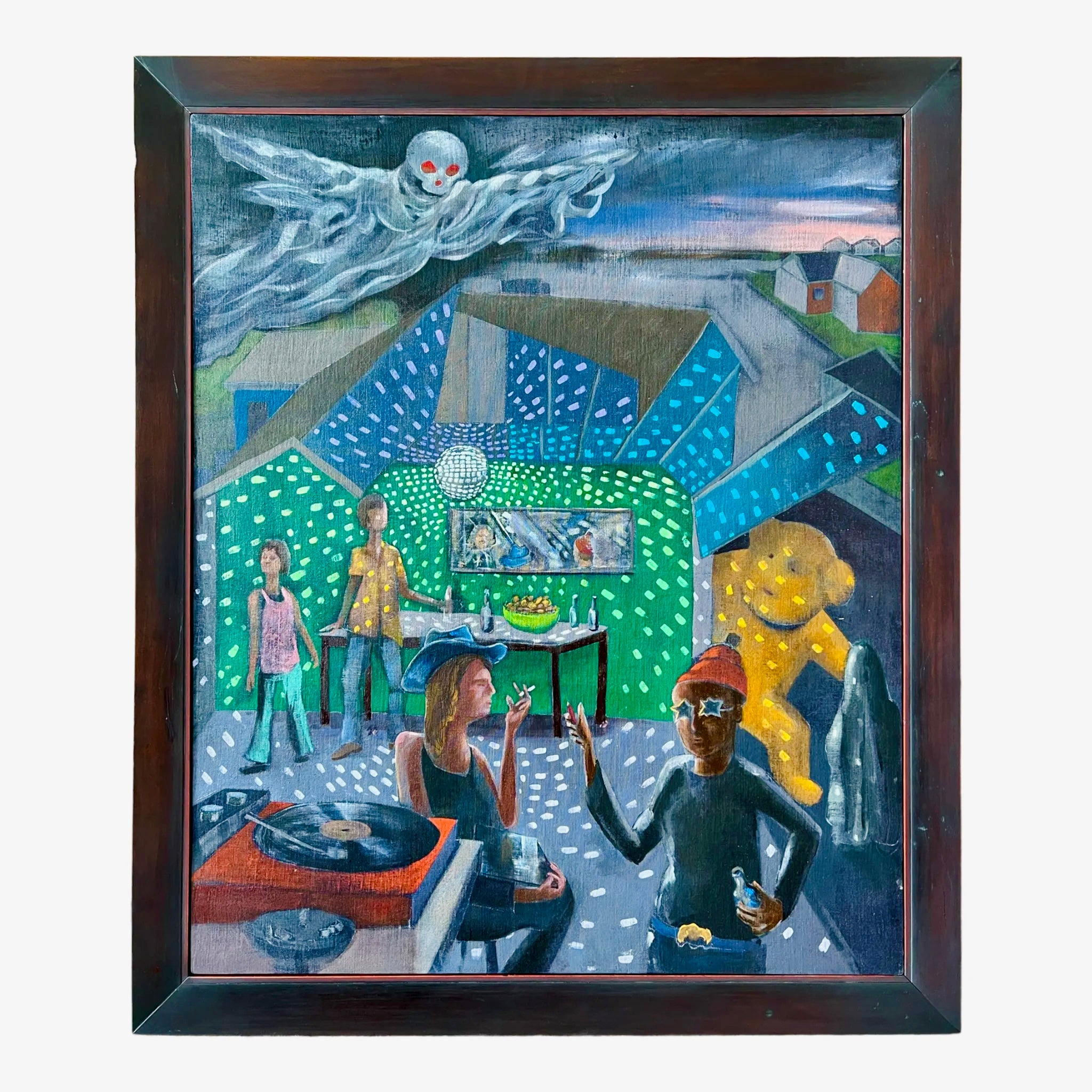 A painting titled 'Sean’s Garage' by local artist Robert Wymer featuring a colorful scene with figures and a ghost-like figure in a room with blue and green hues.