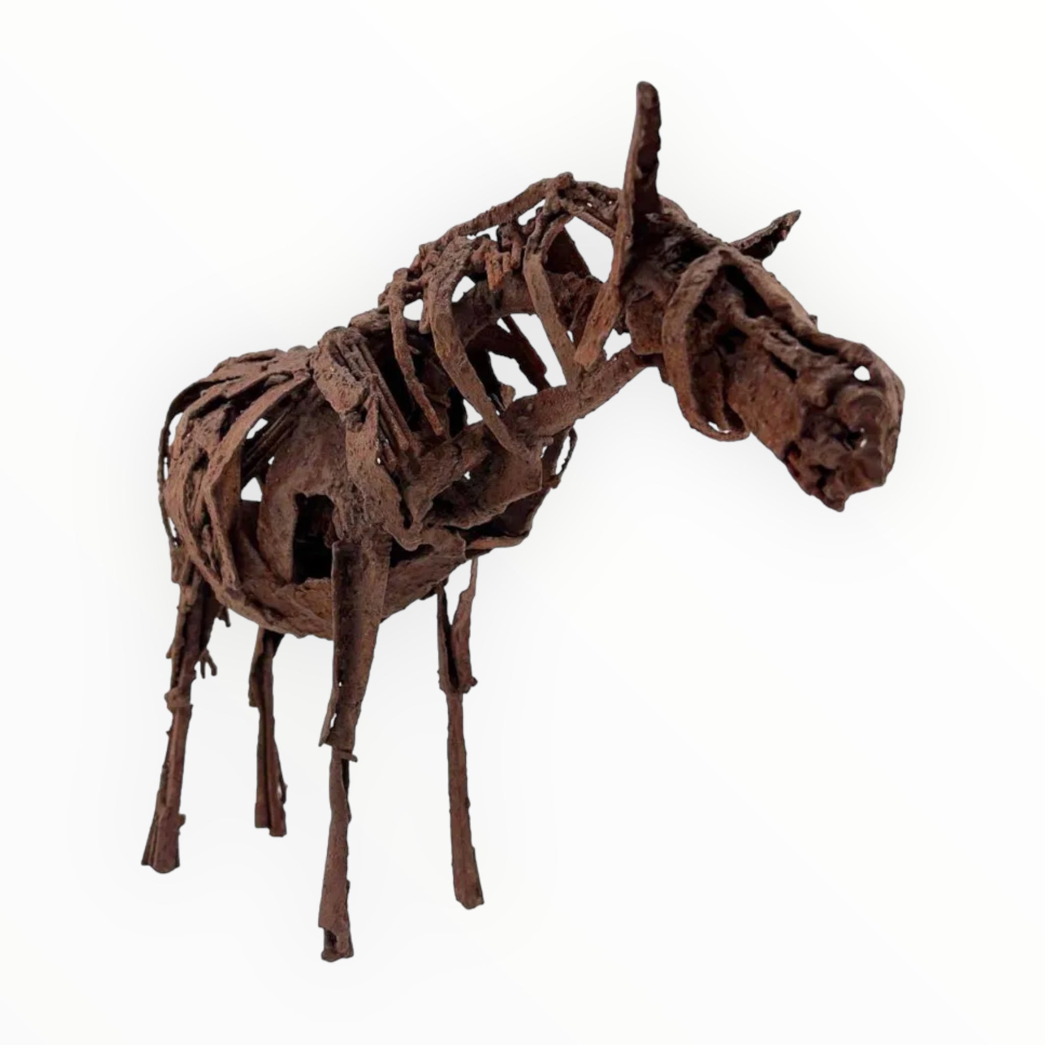 Steel horse sculpture by Nina Scott Hansen, modern equestrian artwork with dynamic form. Excellent condition.